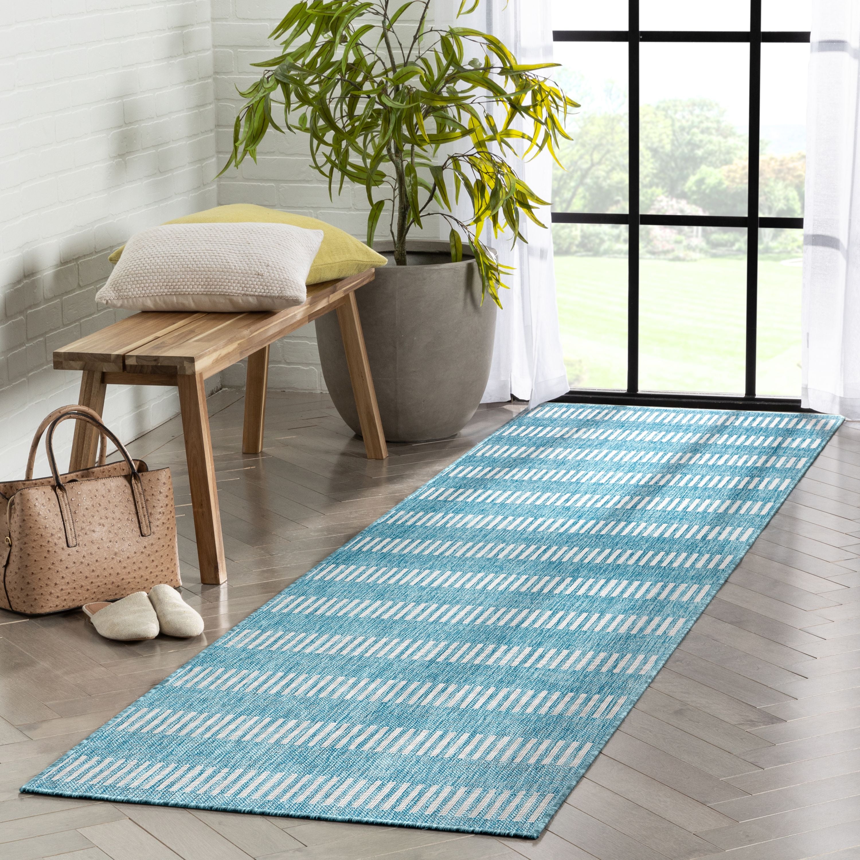 Stria Modern Stripes Flachgewebe-Teppich f&uuml;r den Innen- und Au&szlig;enbereich in Blau