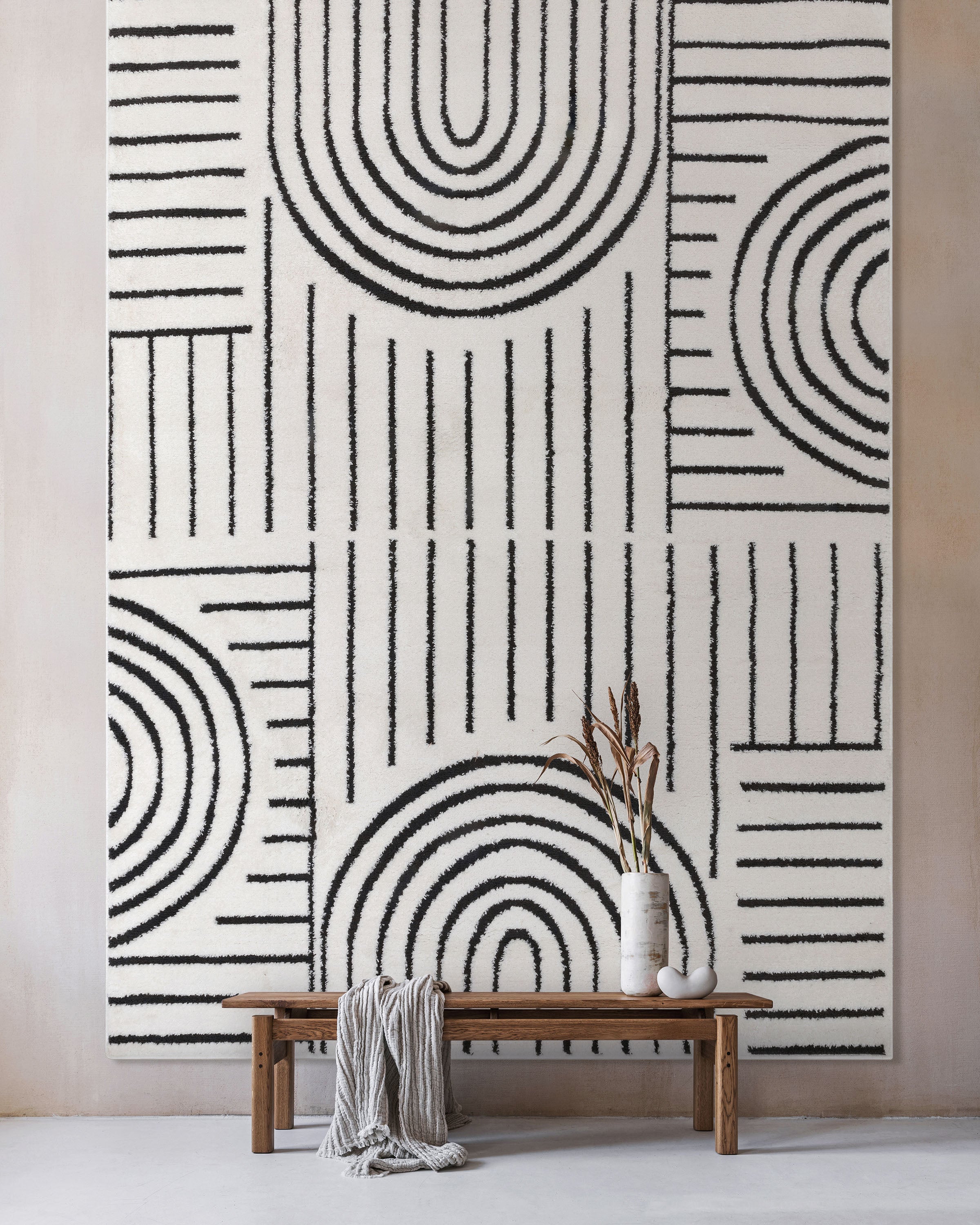 Boho Rainbow Shag Hoch-Tief-Teppich, geometrisch, elfenbeinfarben, schwarz