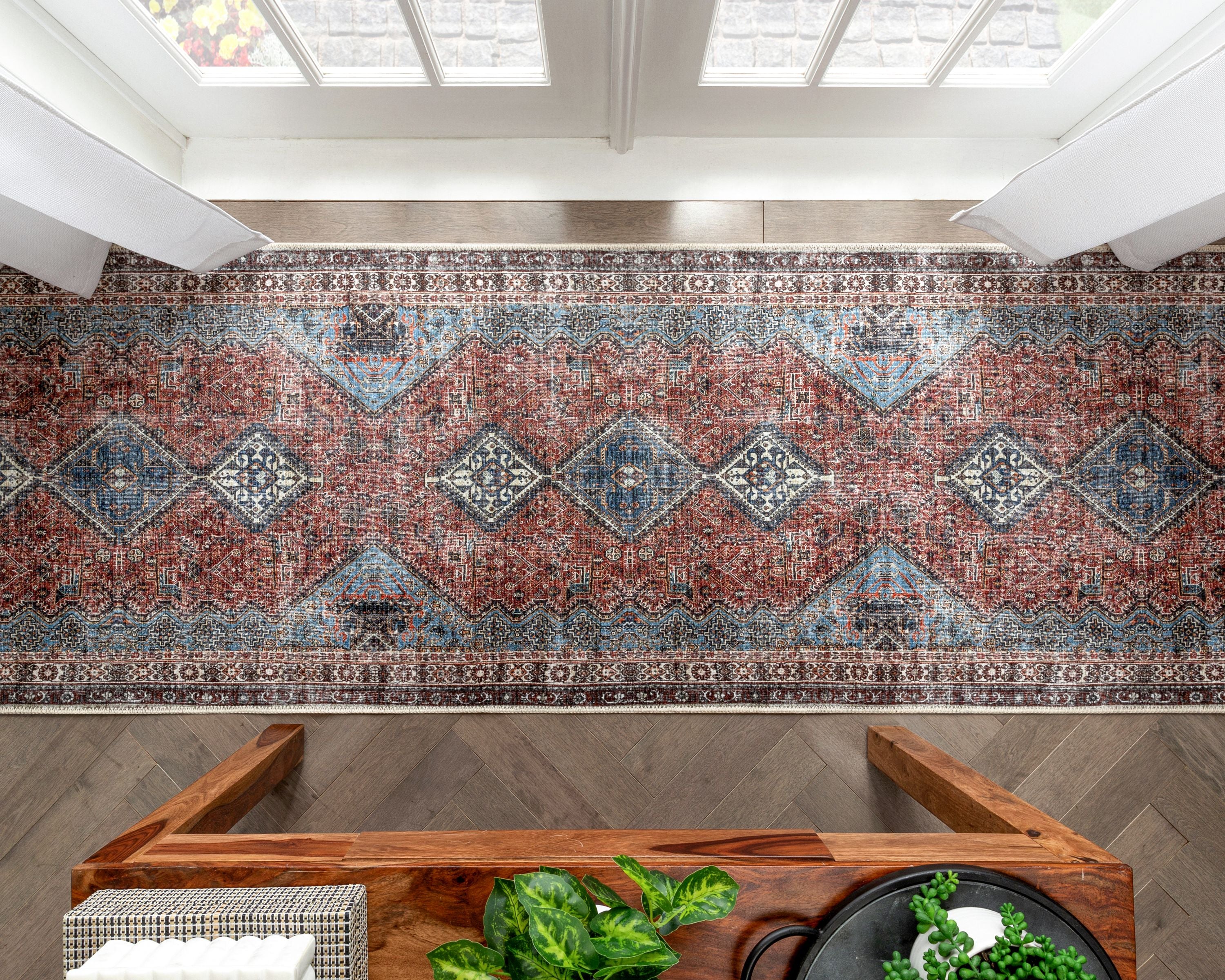 Menda, maschinenwaschbarer Vintage-Teppich im Bohemian-Stil, Meallion Oriental Blush, flach gewebt, im Used-Look