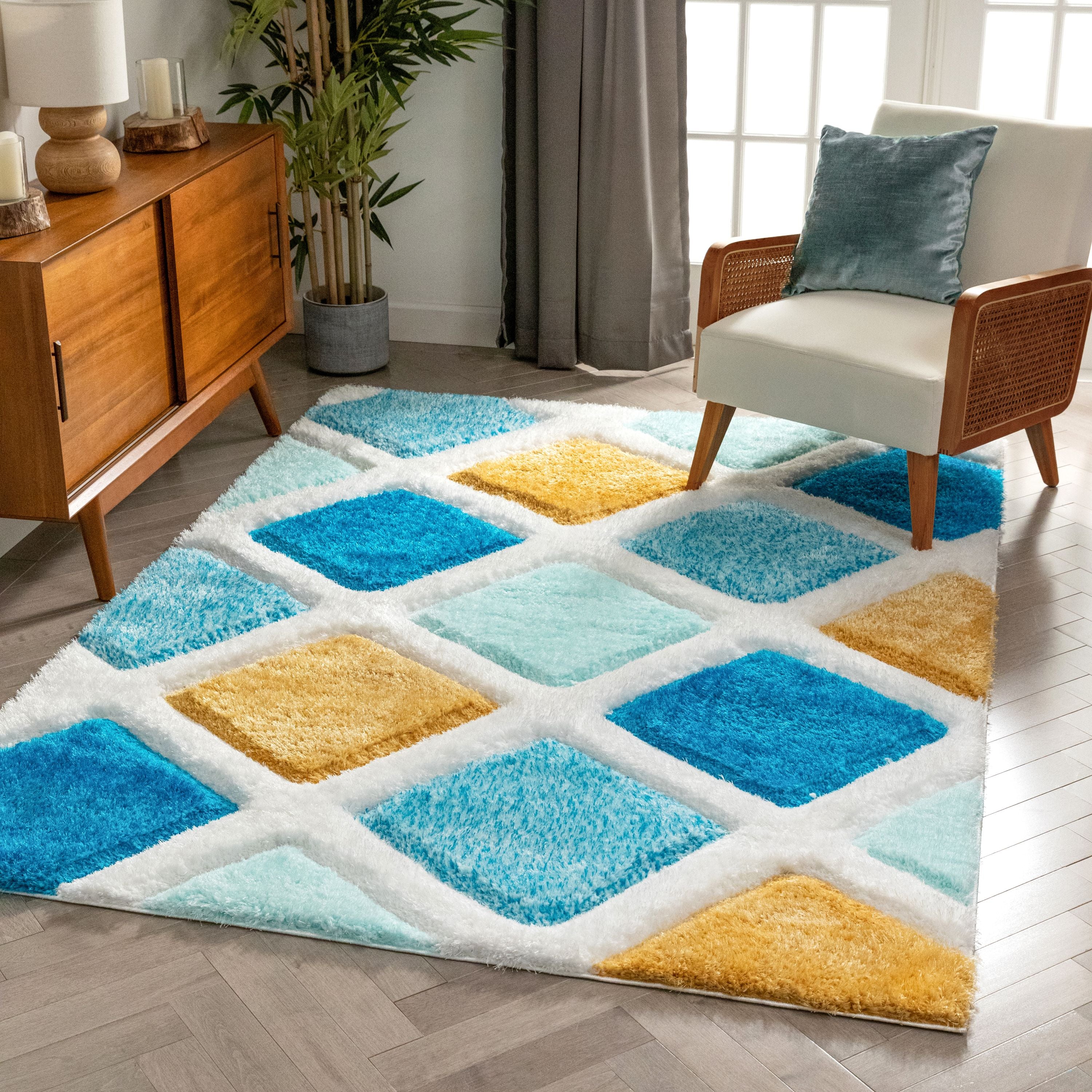 Posh Blue Moderner geometrischer 3D-strukturierter Shag-Teppich