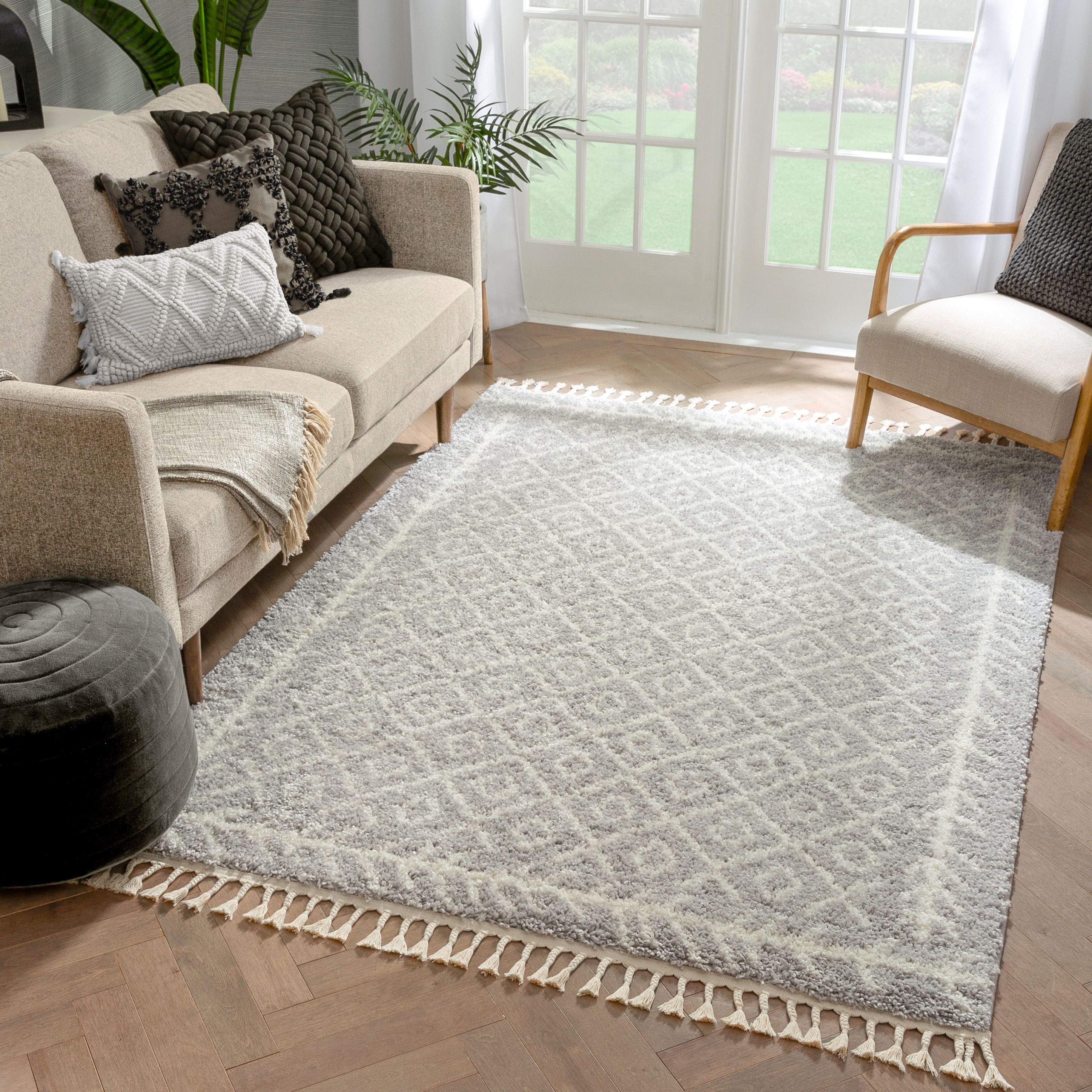 Agata marokkanischer geometrischer Shag-Teppich in Grau