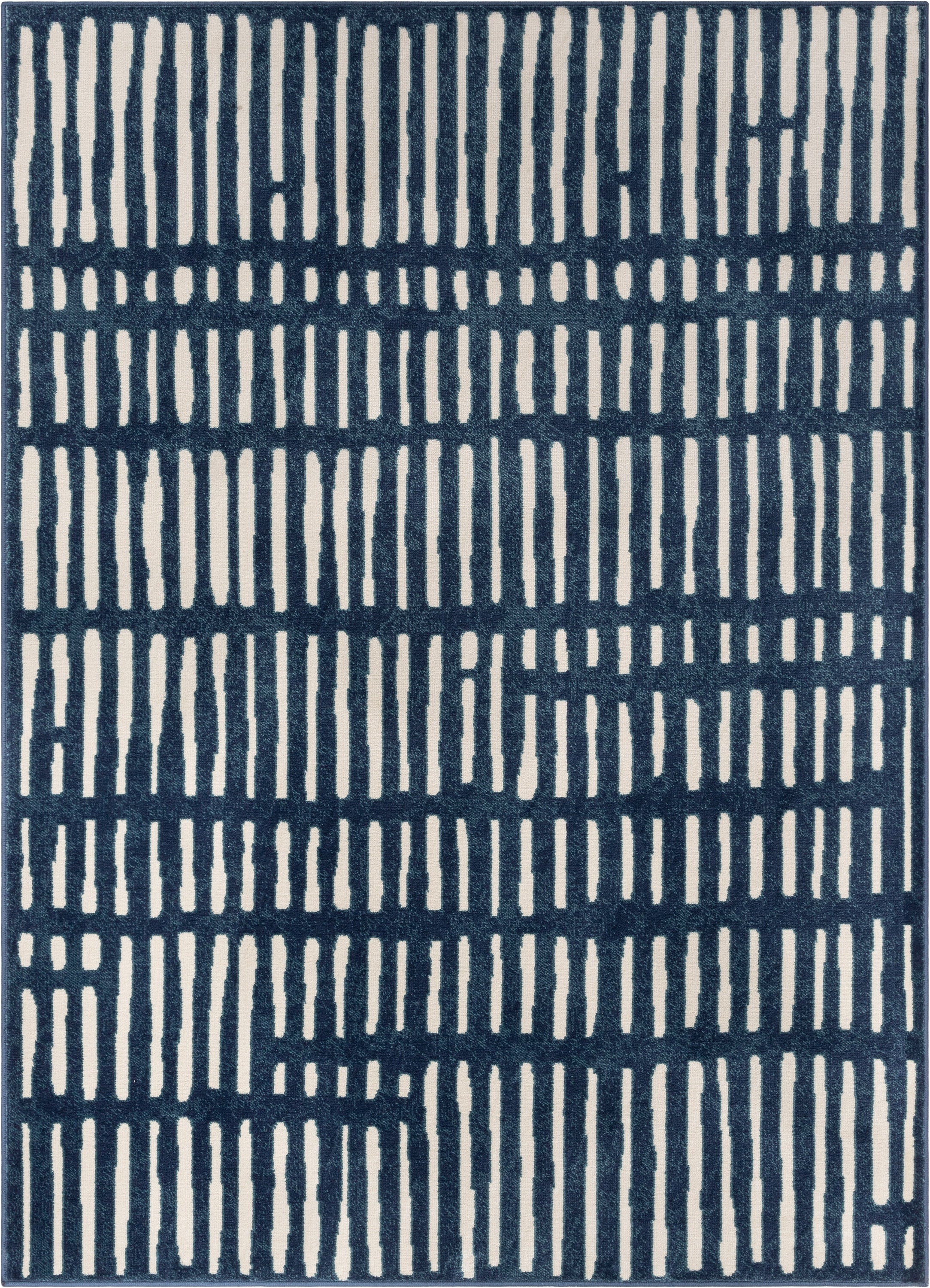 Wilder Tribal-Teppich mit geometrischen Streifen in Blau im Used-Look