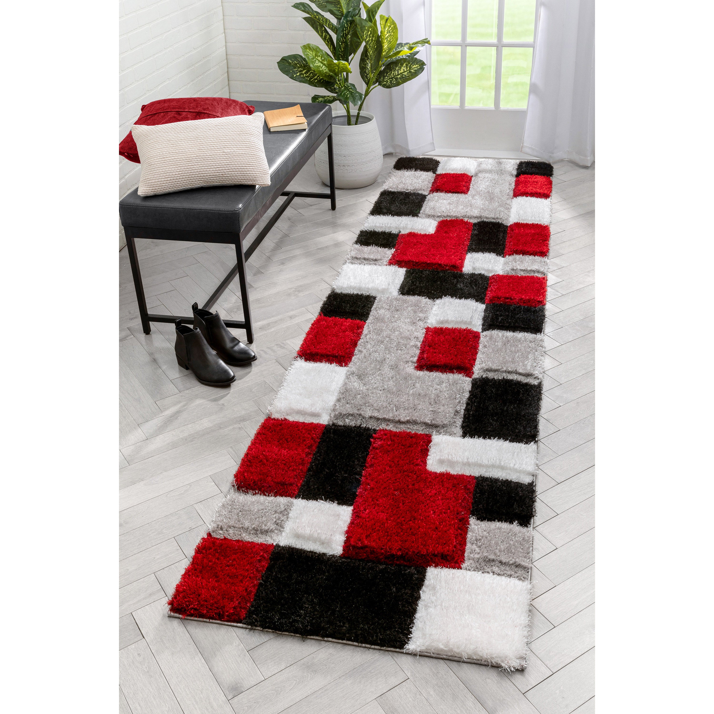 Escondido Roter moderner geometrischer 3D-strukturierter Shag-Teppich
