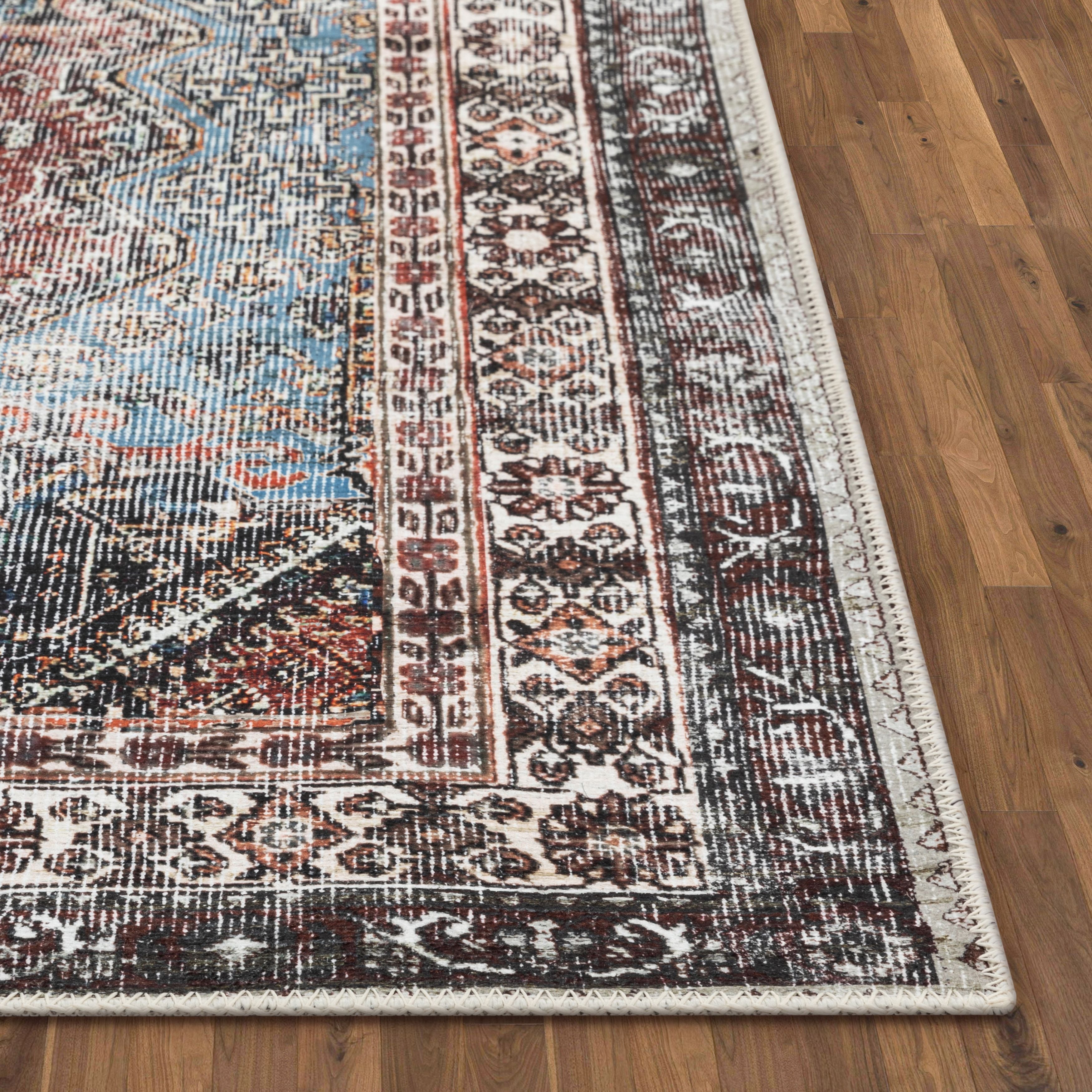 Menda, maschinenwaschbarer Vintage-Teppich im Bohemian-Stil, Meallion Oriental Blush, flach gewebt, im Used-Look