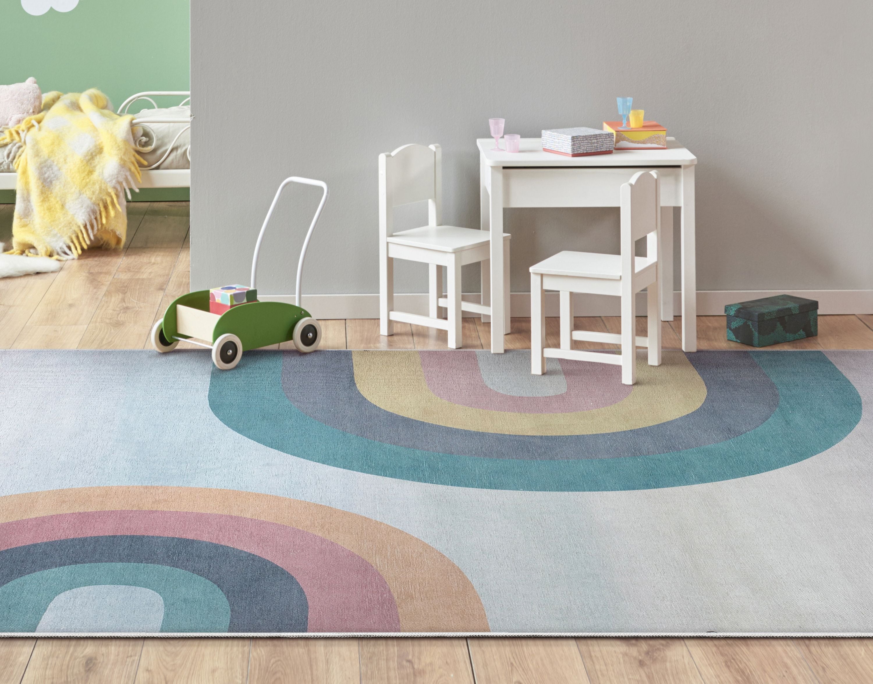 Moderner Flachgewebe-Teppich &bdquo;Kaleidoskop Regenbogen&ldquo; in mehreren Pastellt&ouml;nen