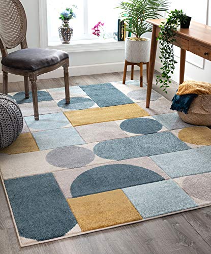 Dede Blauer Mid-Century Modern Teppich mit geometrischen Formen von Chill Rugs