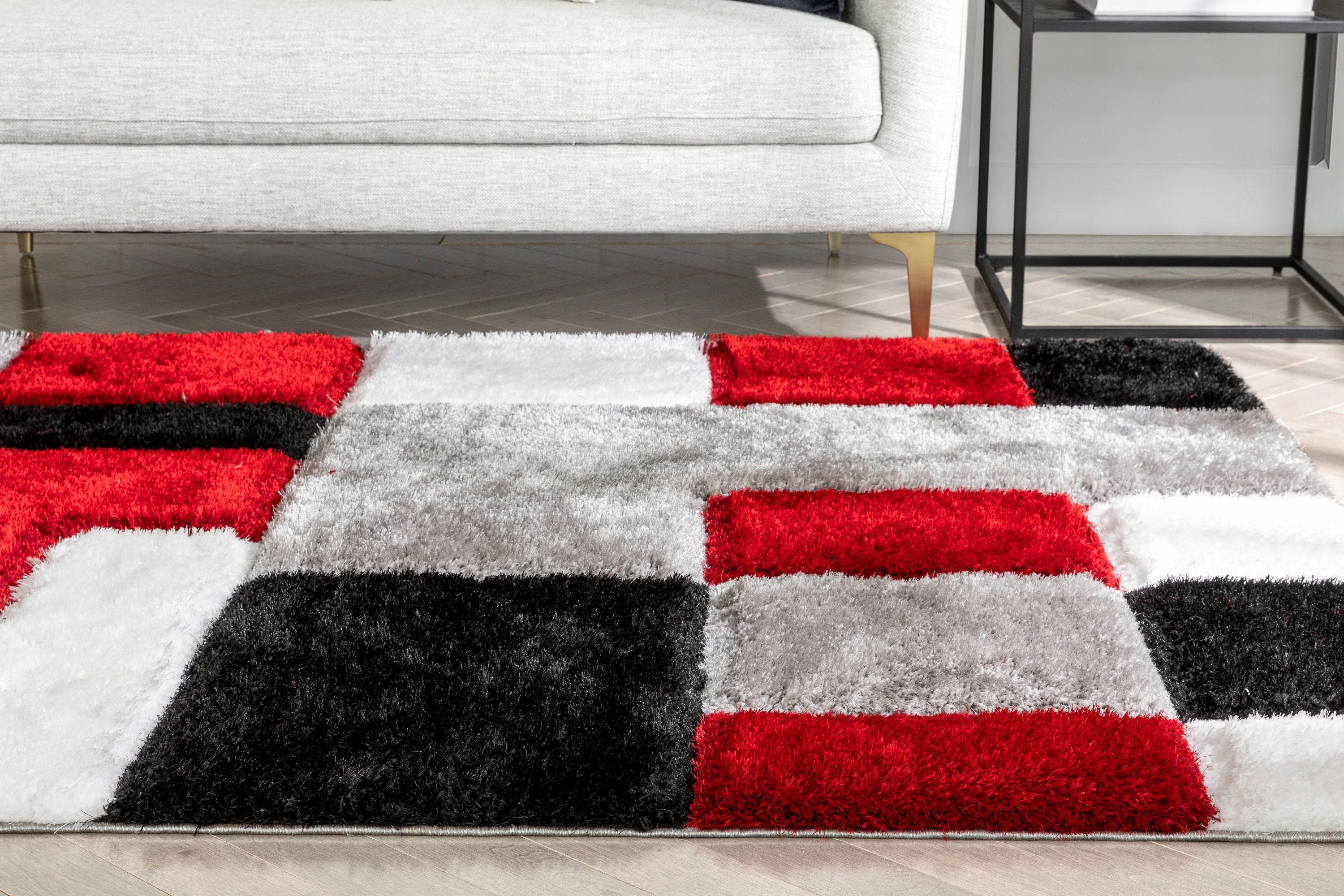 Escondido Roter moderner geometrischer 3D-strukturierter Shag-Teppich