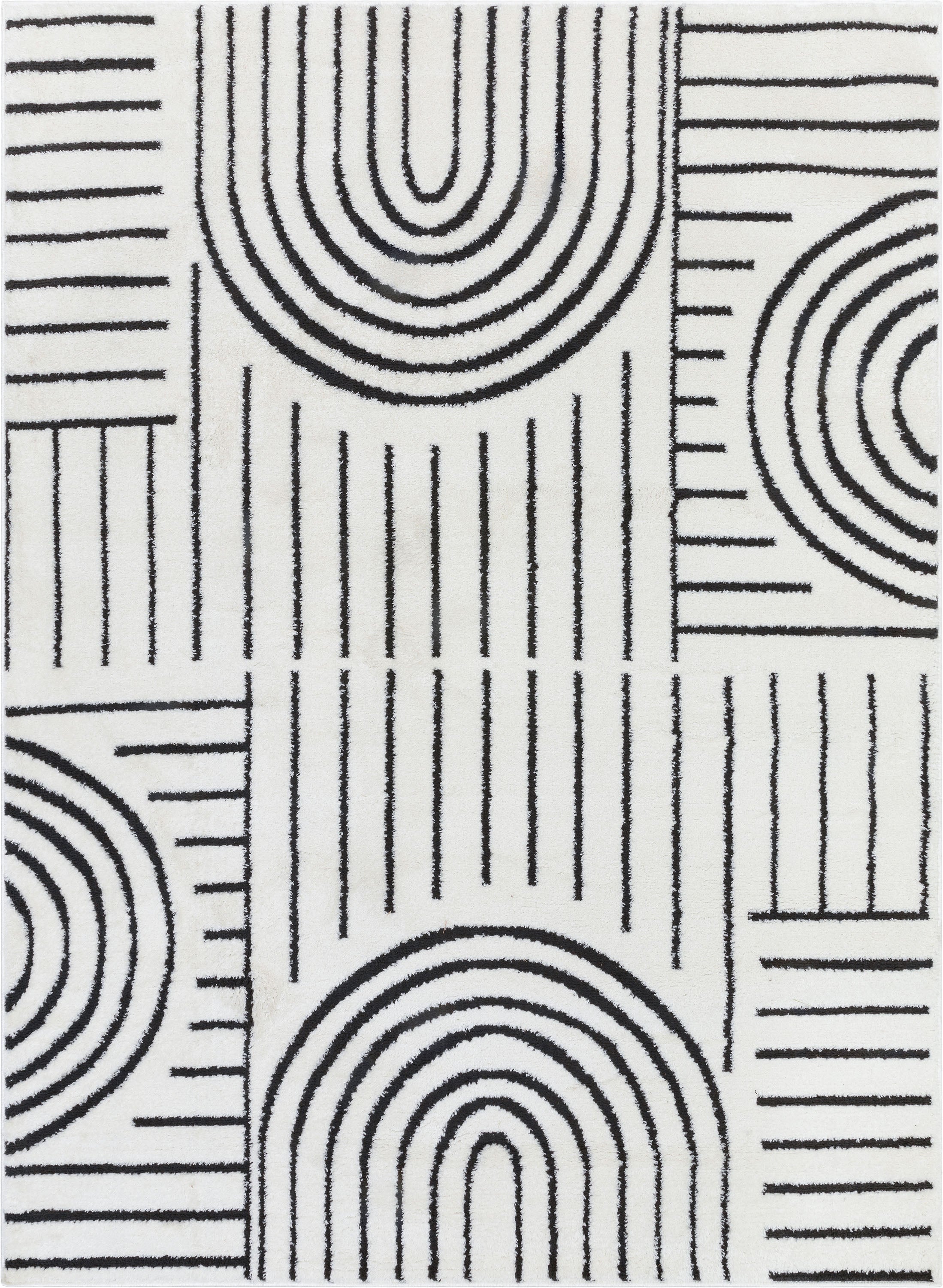 Boho Rainbow Shag Hoch-Tief-Teppich, geometrisch, elfenbeinfarben, schwarz