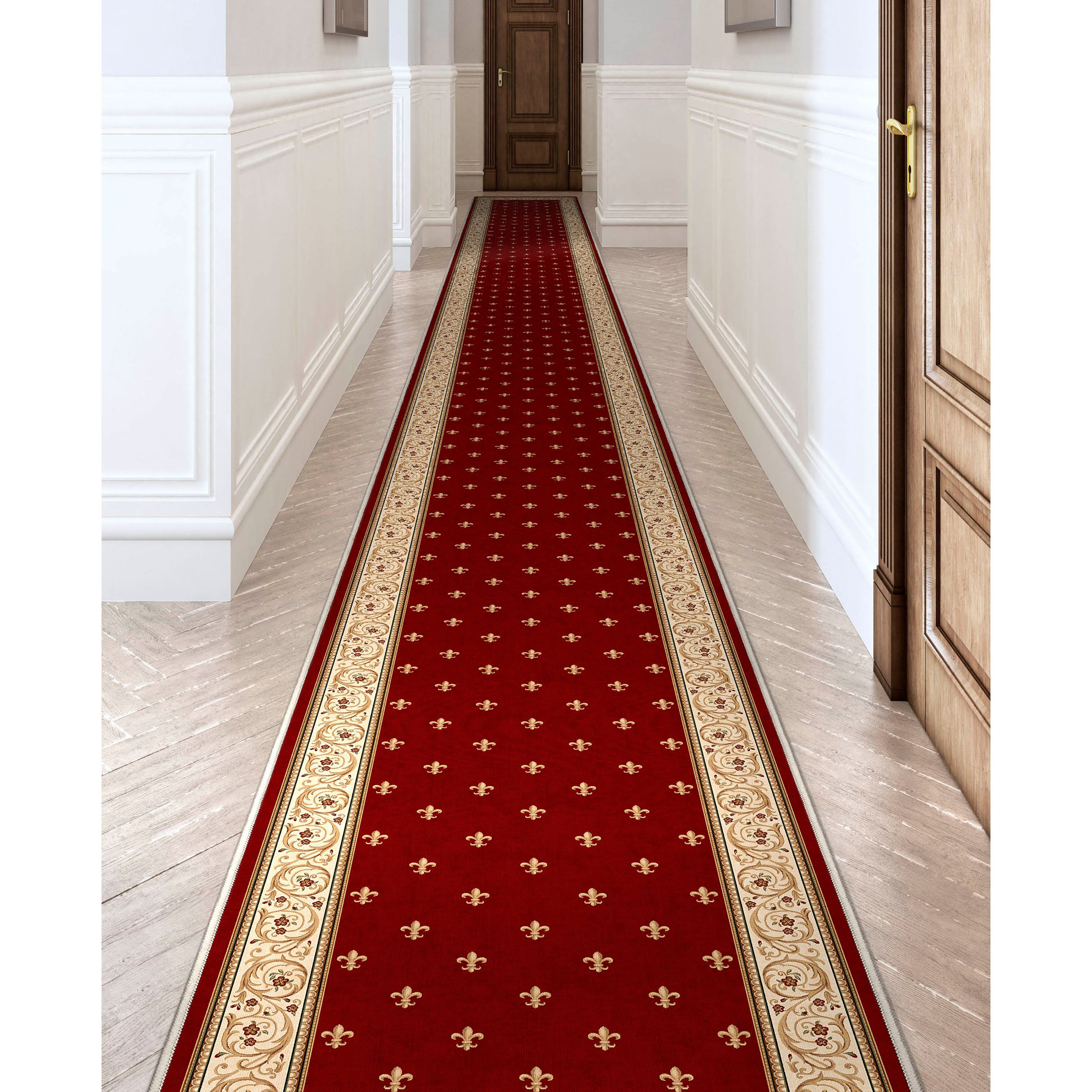 L&auml;ufer in individueller Gr&ouml;&szlig;e, Fleur De Lis, traditionelles Rot, w&auml;hlen Sie Ihre Breite x w&auml;hlen Sie Ihre L&auml;nge. Flurl&auml;ufer-Teppich