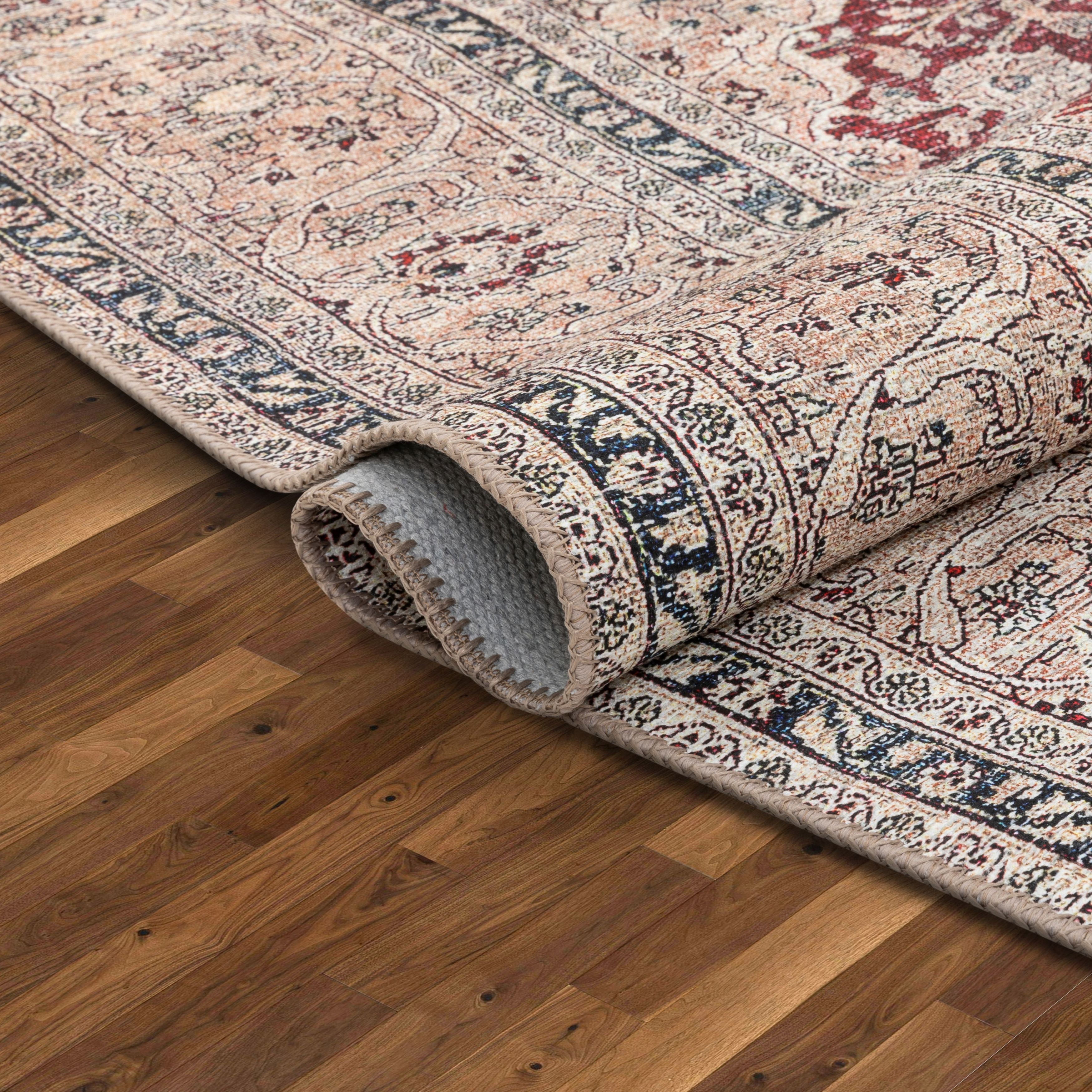 Tonti Maschinenwaschbarer Vintage-Medaillon-Teppich in orientalischem Rot mit flachem Webmuster im Used-Look