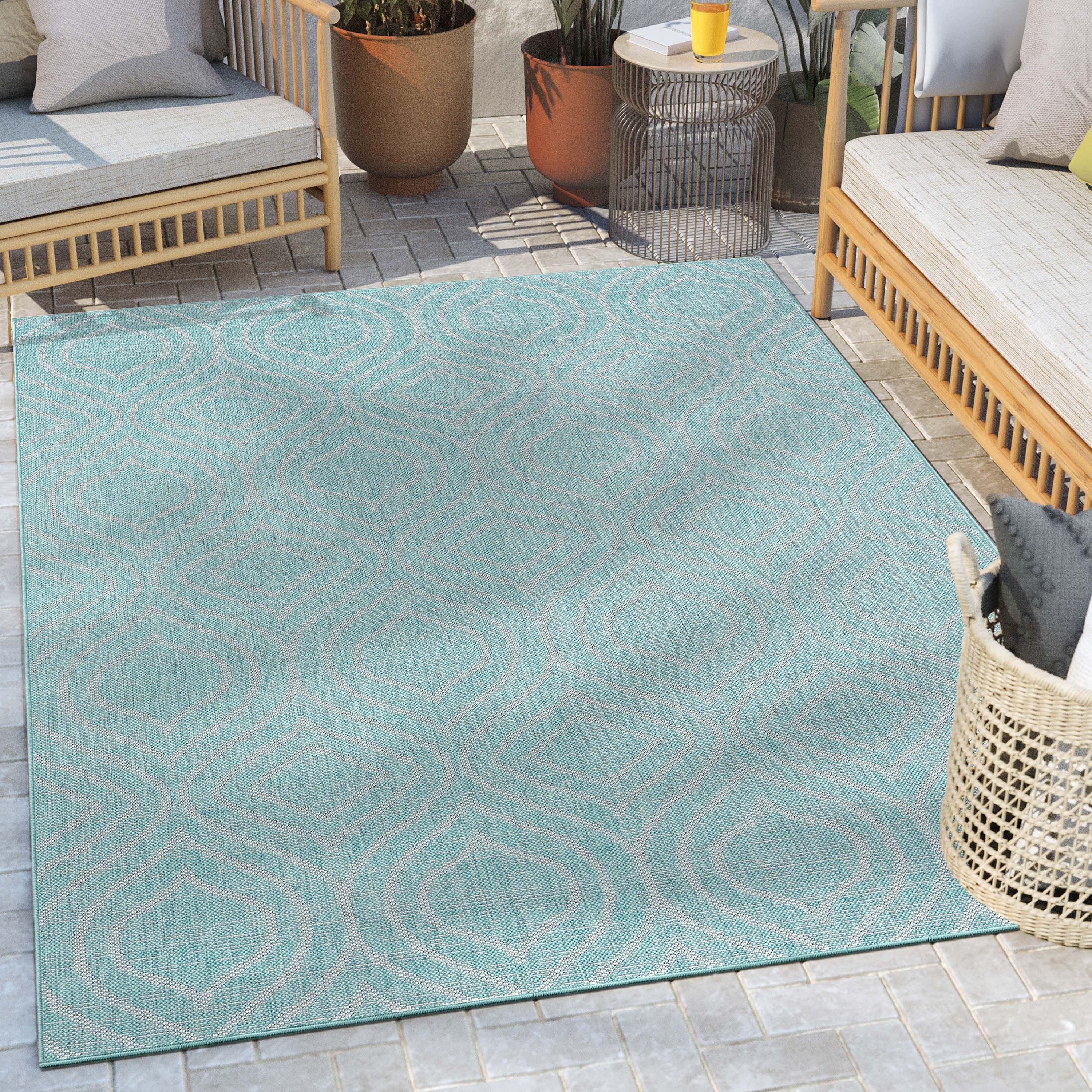 Ludo Lattice Trellis Blauer strukturierter Teppich f&uuml;r drinnen und drau&szlig;en