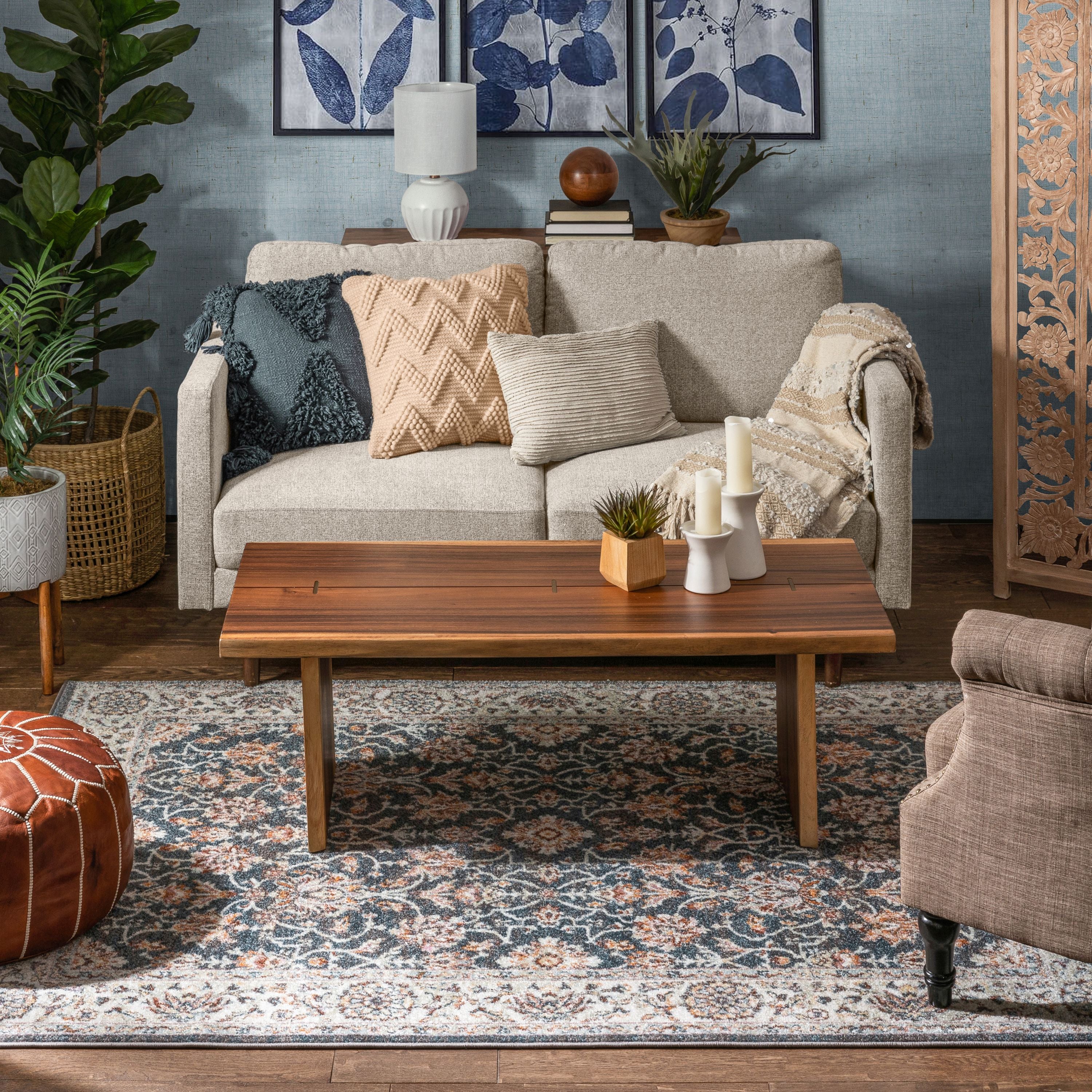 Eklektischer, floraler, botanischer Bord&uuml;ren-Teppich &bdquo;Corona Vintage&ldquo; in Blau
