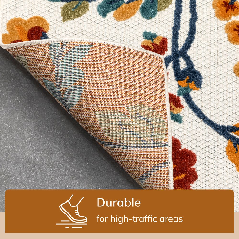 Neveh Beige Moderner Blumenteppich f&uuml;r drinnen und drau&szlig;en
