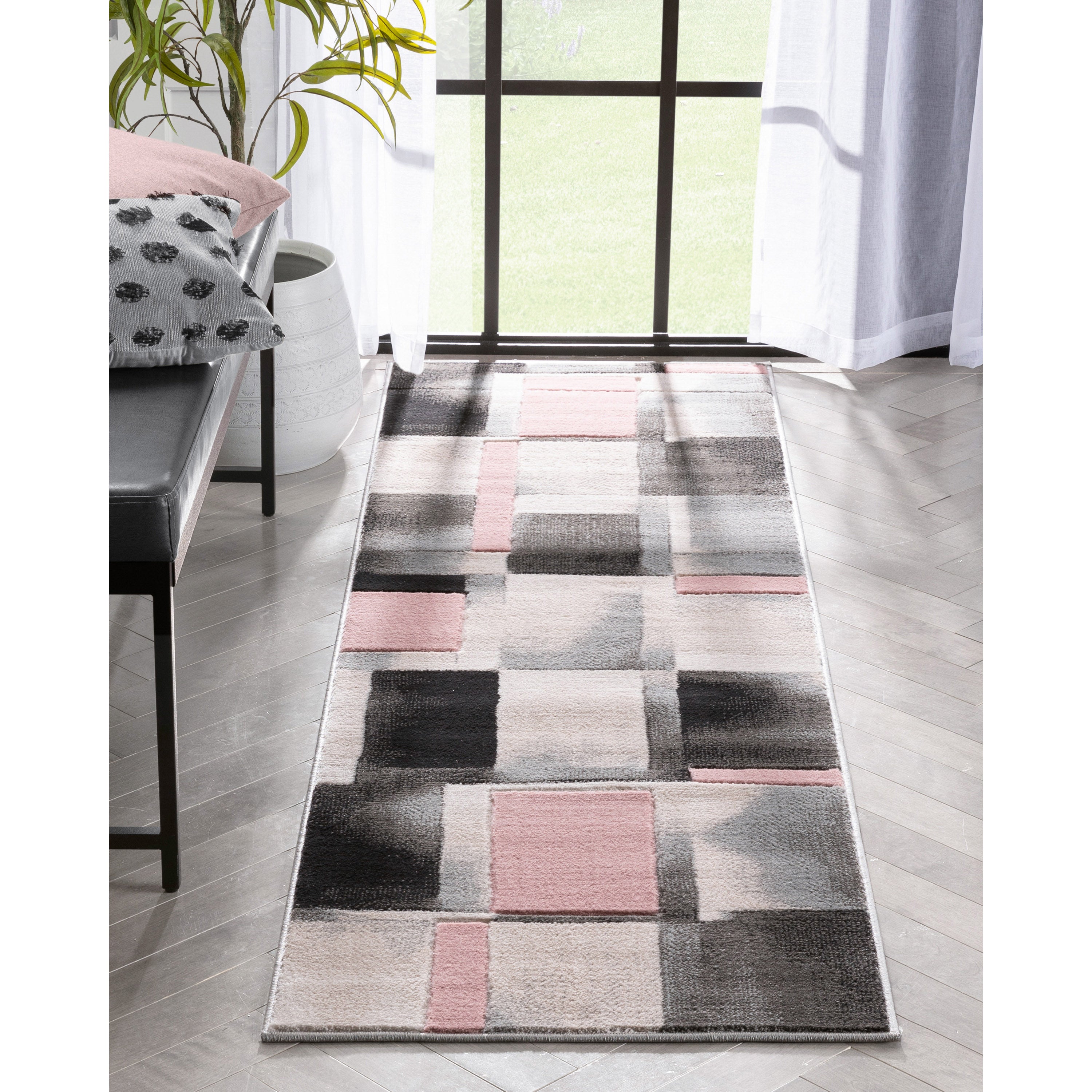 Louisa Blush Pink Moderner Teppich mit geometrischen Boxen und 3D-Struktur