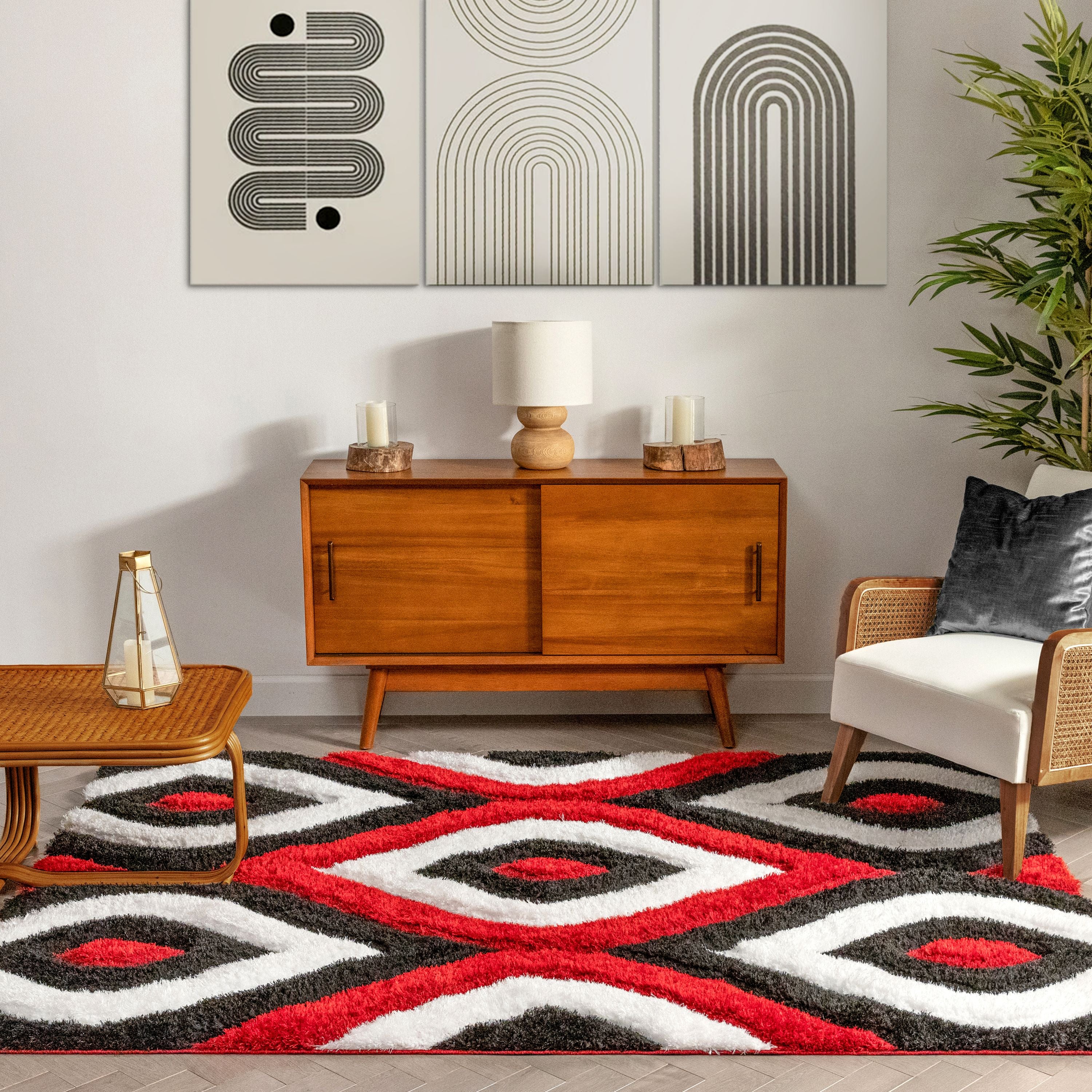 Malibu Roter moderner 3D-strukturierter Shag-Teppich