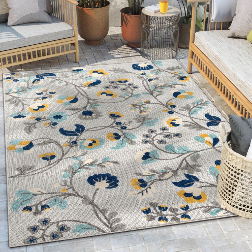 Neveh Grauer moderner Teppich mit Blumenmuster f&uuml;r drinnen und drau&szlig;en
