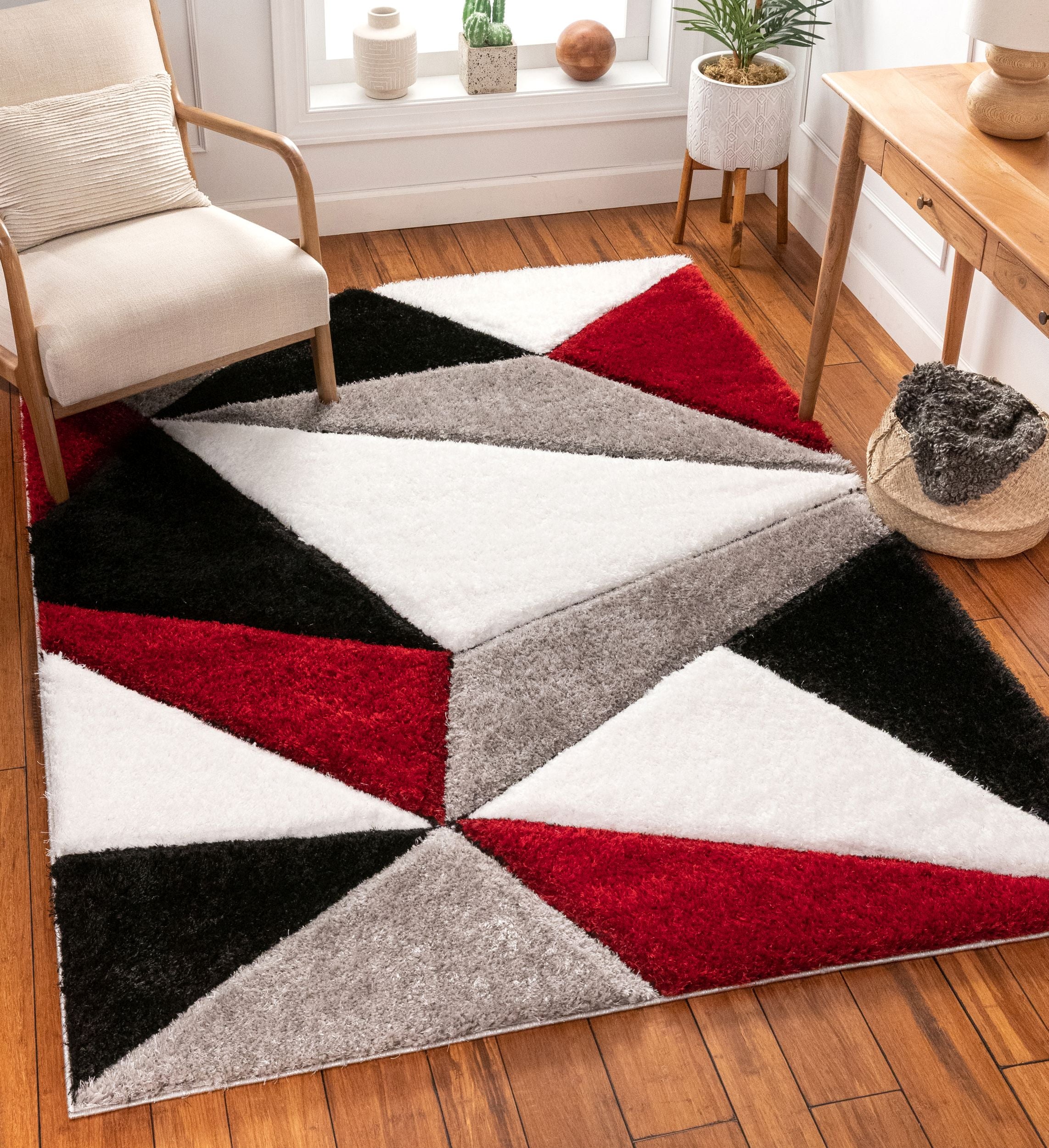 Moderner, geometrischer, 3D-strukturierter Shag-Teppich in Venedig-Rot