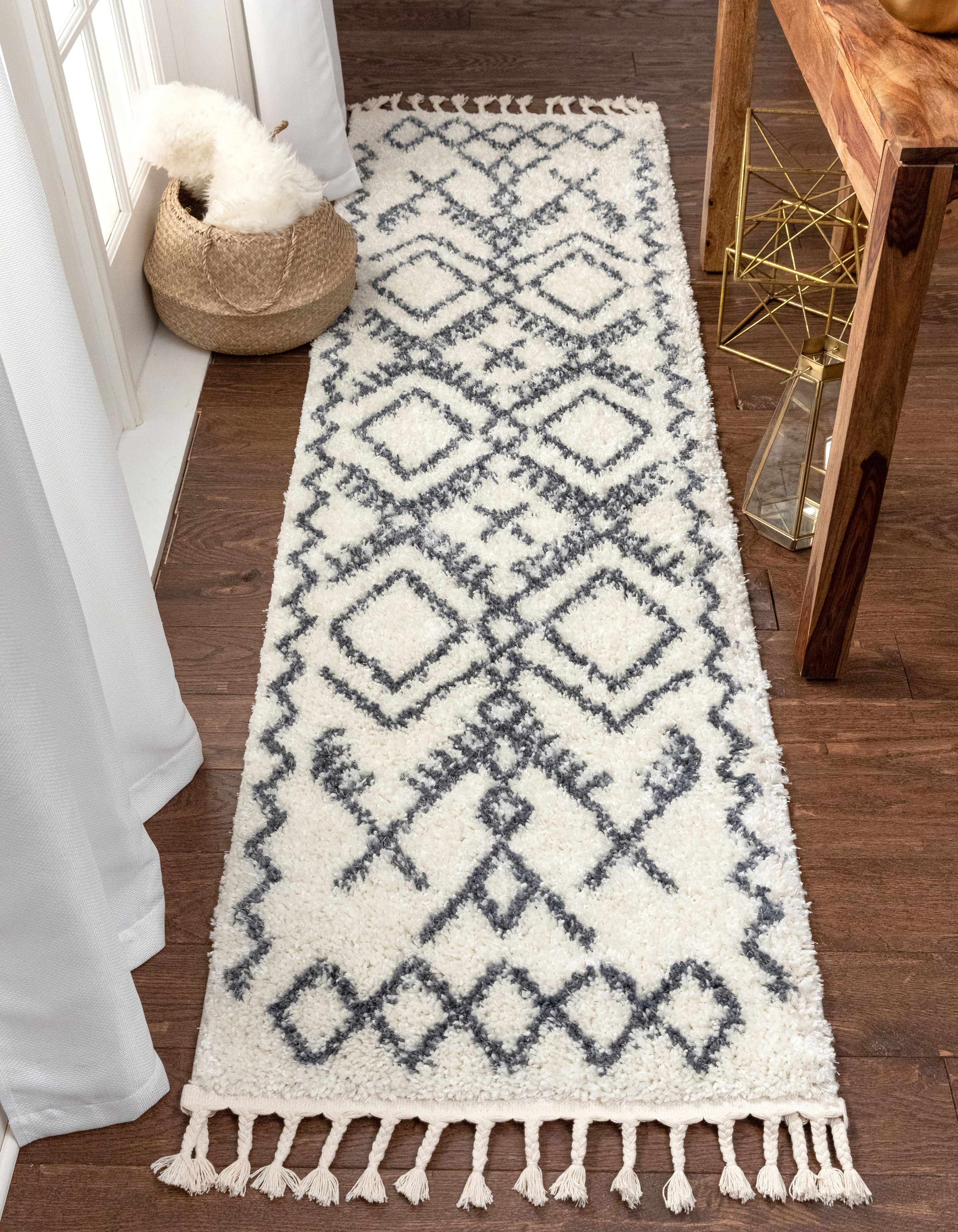 Chantico marokkanischer Shag-Teppich mit Gittermuster in Grau