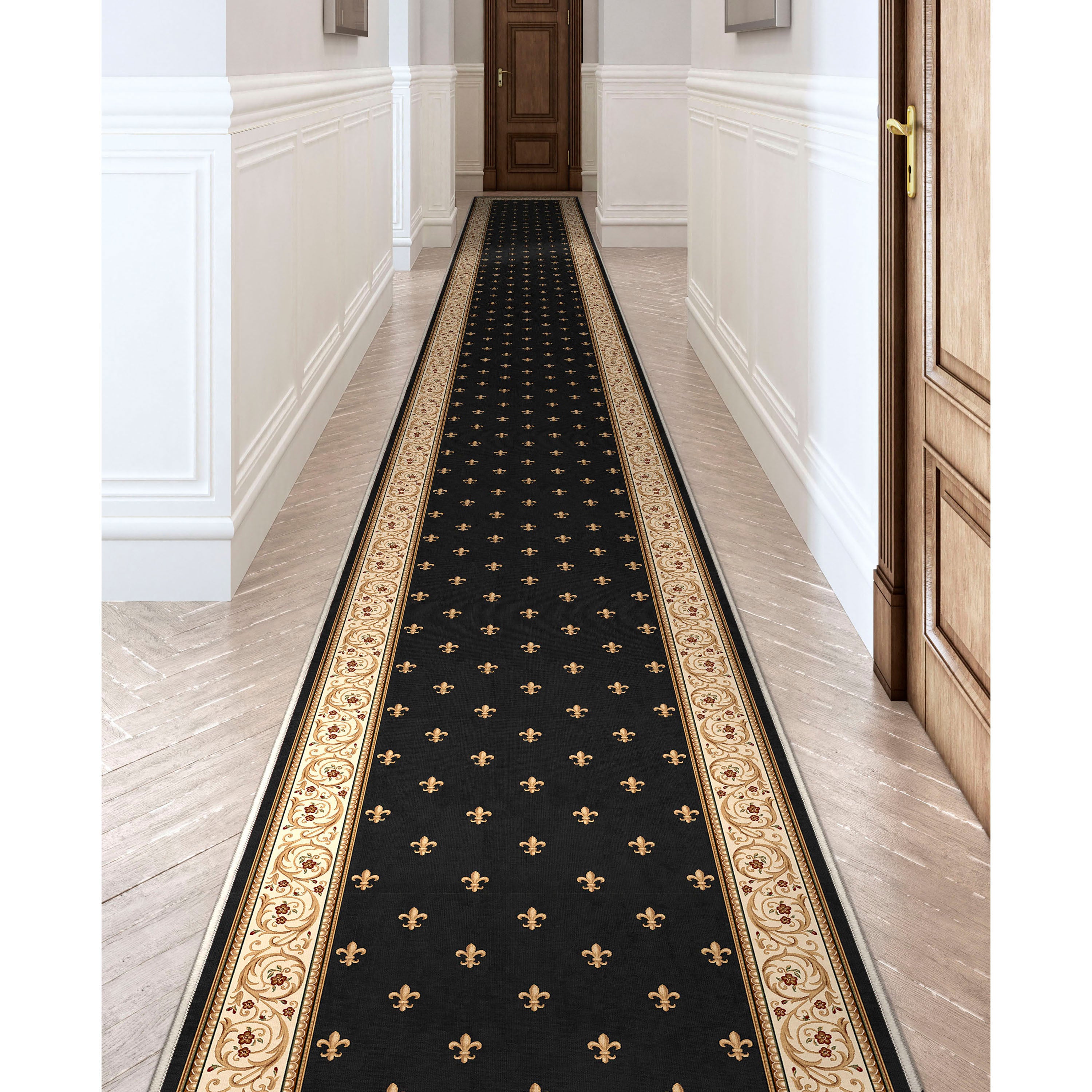 L&auml;ufer in individueller Gr&ouml;&szlig;e, Fleur De Lis, traditionell, Schwarz, w&auml;hlen Sie Ihre Breite x w&auml;hlen Sie Ihre L&auml;nge. Flurl&auml;ufer-Teppich