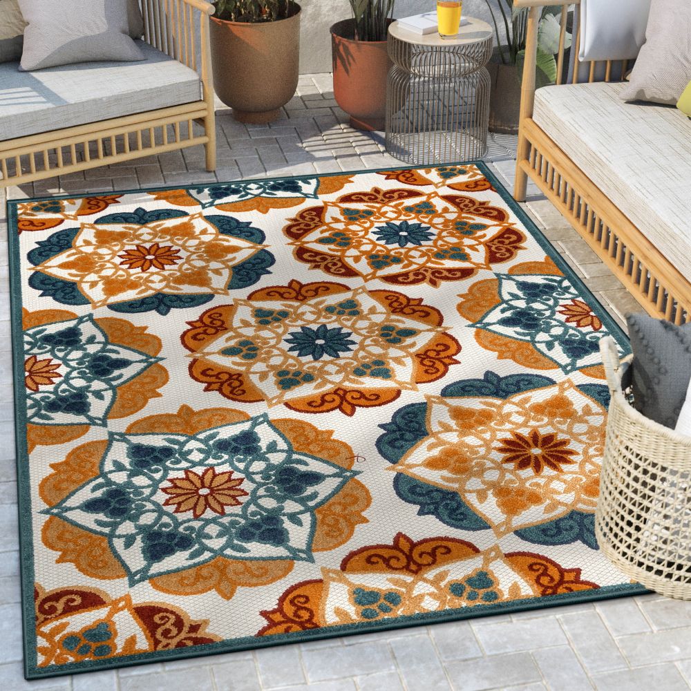 Cabo Floral Bold Multi-Color Hoch-Tief-Teppich f&uuml;r den Innen- und Au&szlig;enbereich