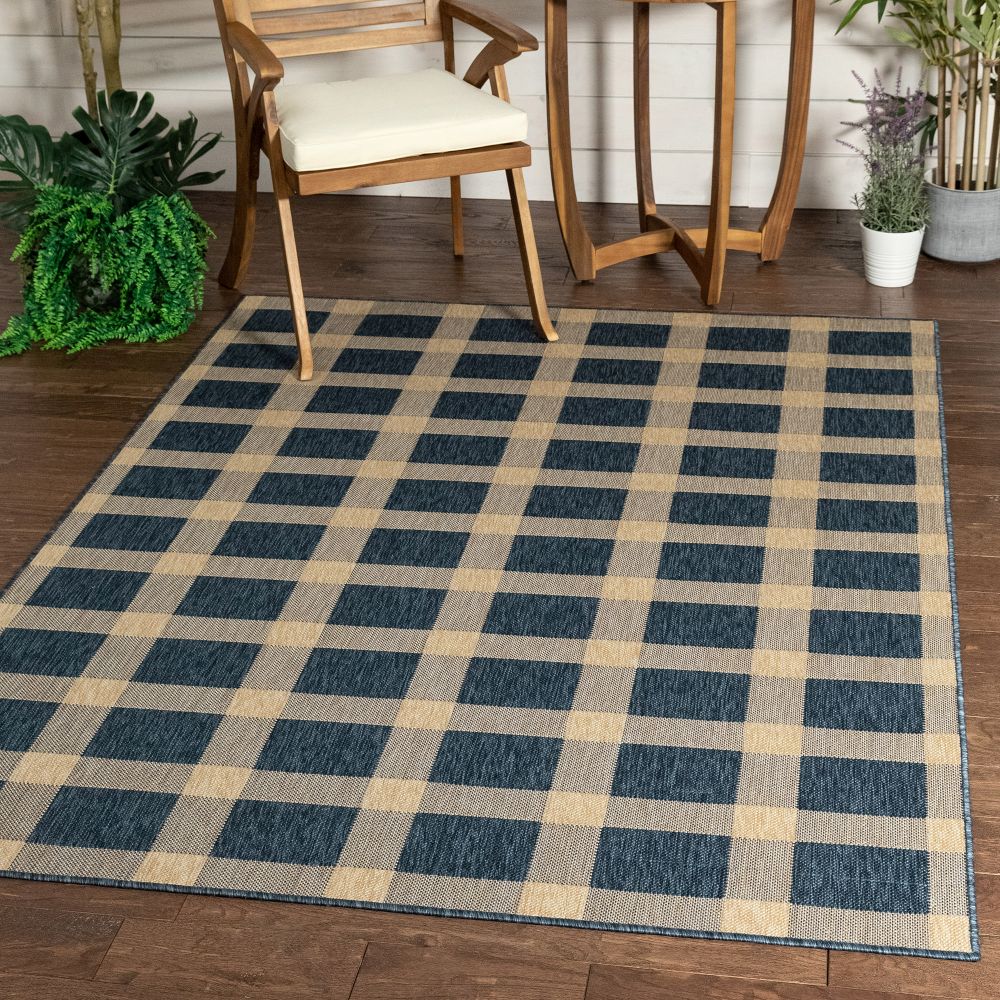 Freya Plaid Indoor Outdoor Blauer Flachgewebe-Teppich