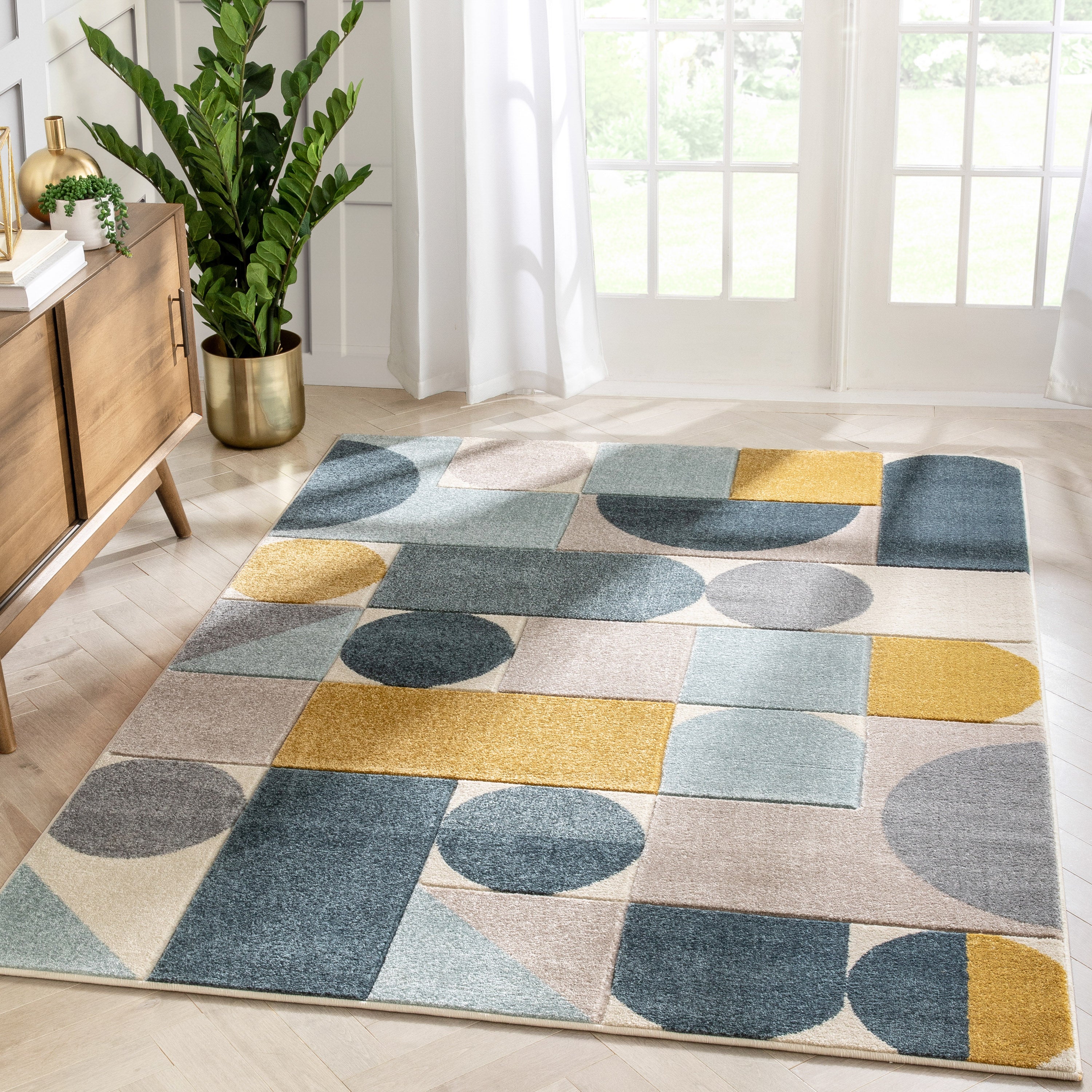Dede Blauer Mid-Century Modern Teppich mit geometrischen Formen von Chill Rugs