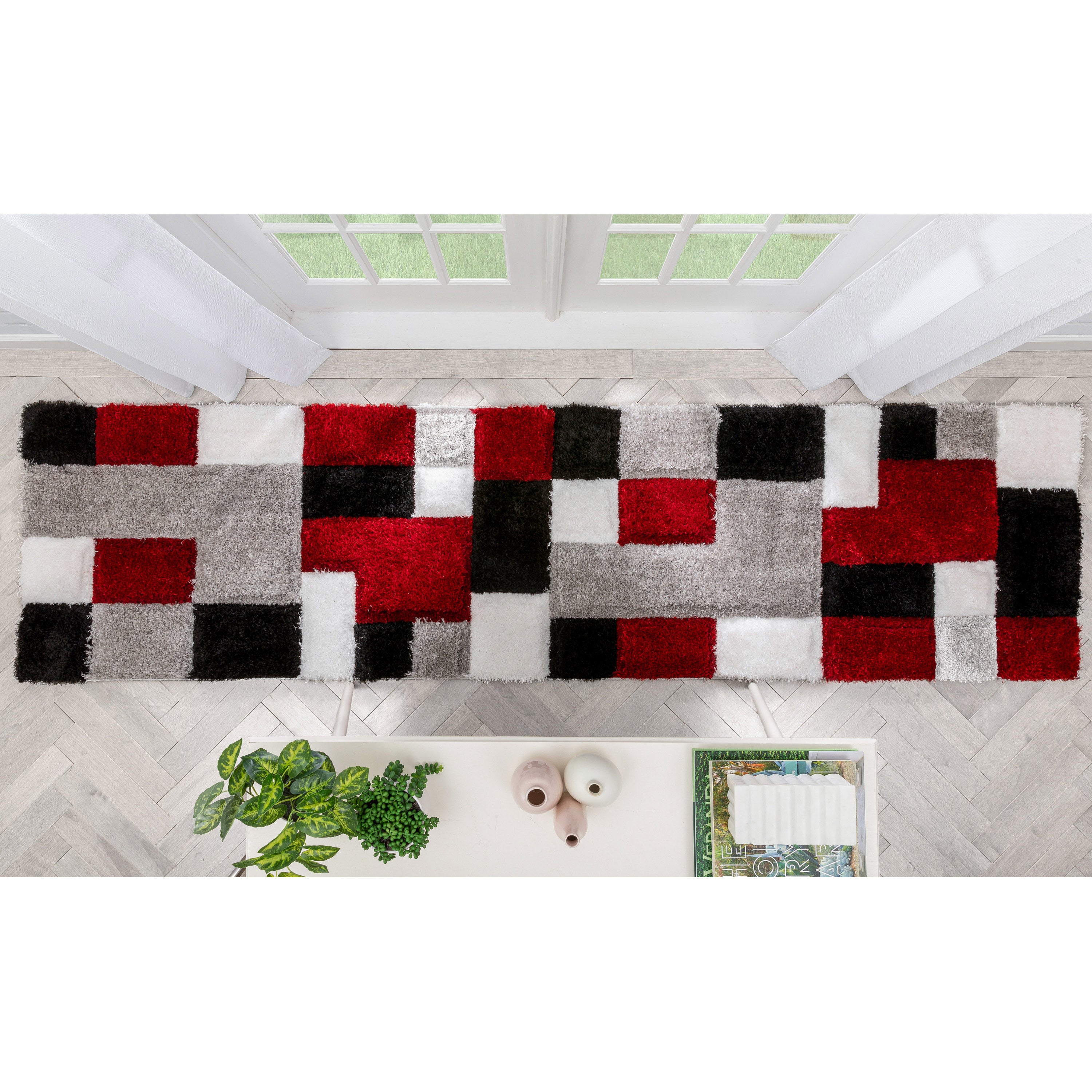 Escondido Roter moderner geometrischer 3D-strukturierter Shag-Teppich