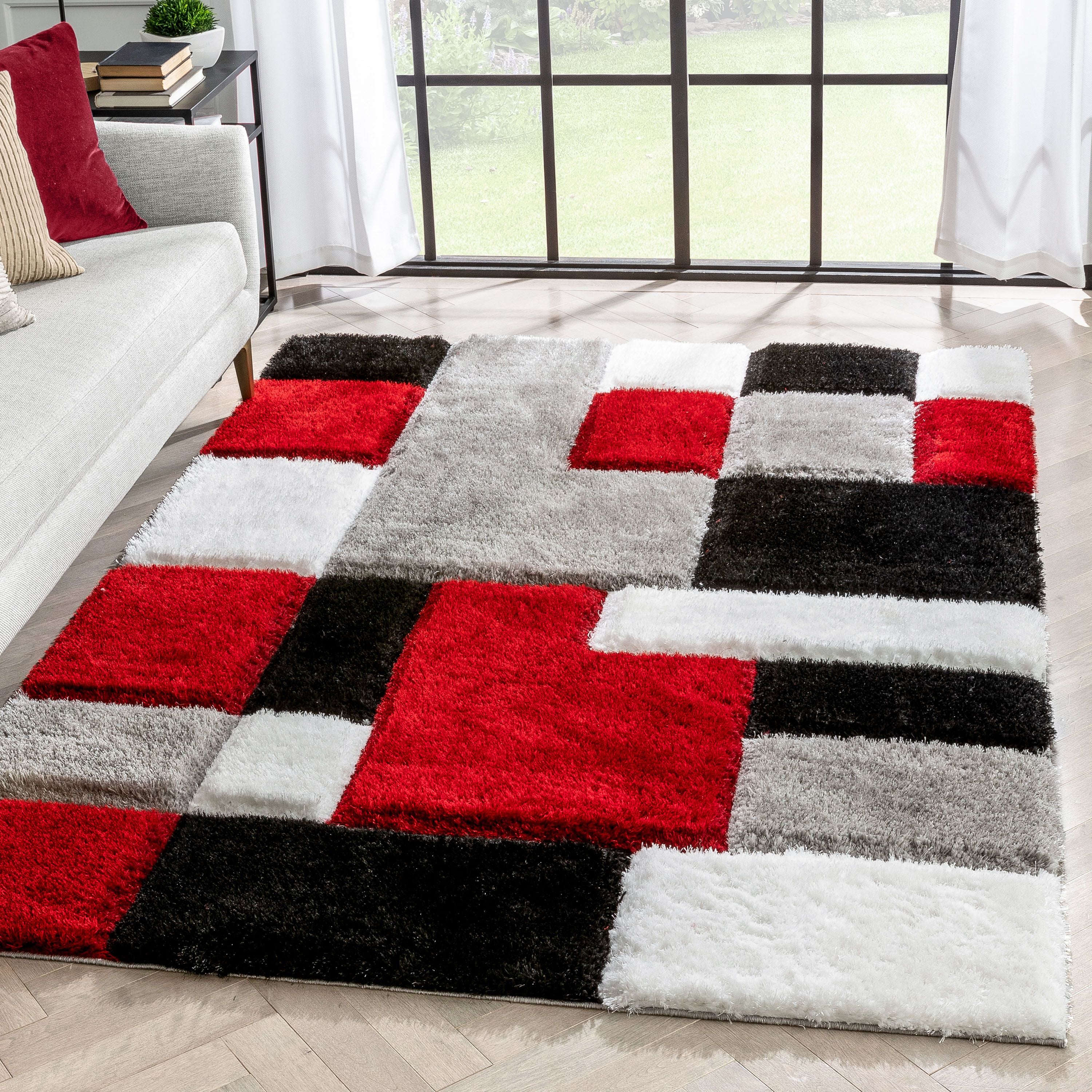 Escondido Roter moderner geometrischer 3D-strukturierter Shag-Teppich