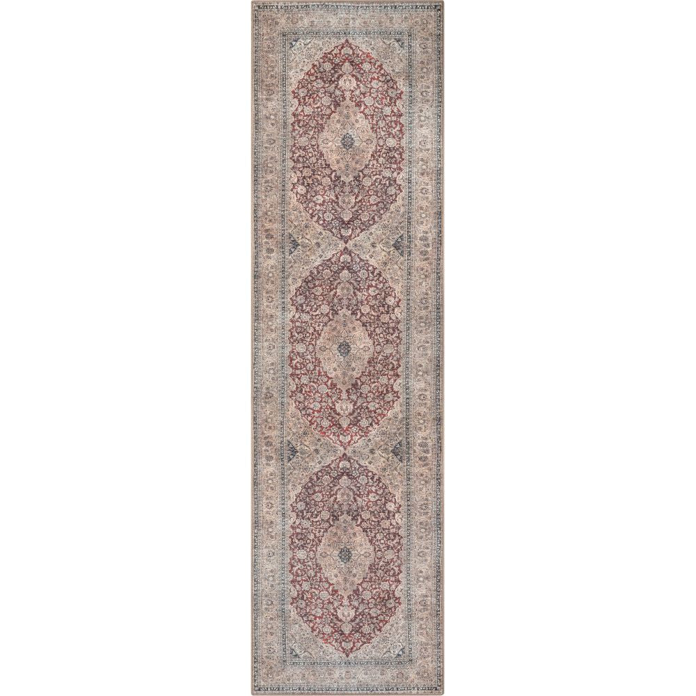 Tonti Maschinenwaschbarer Vintage-Medaillon-Teppich in orientalischem Rot mit flachem Webmuster im Used-Look