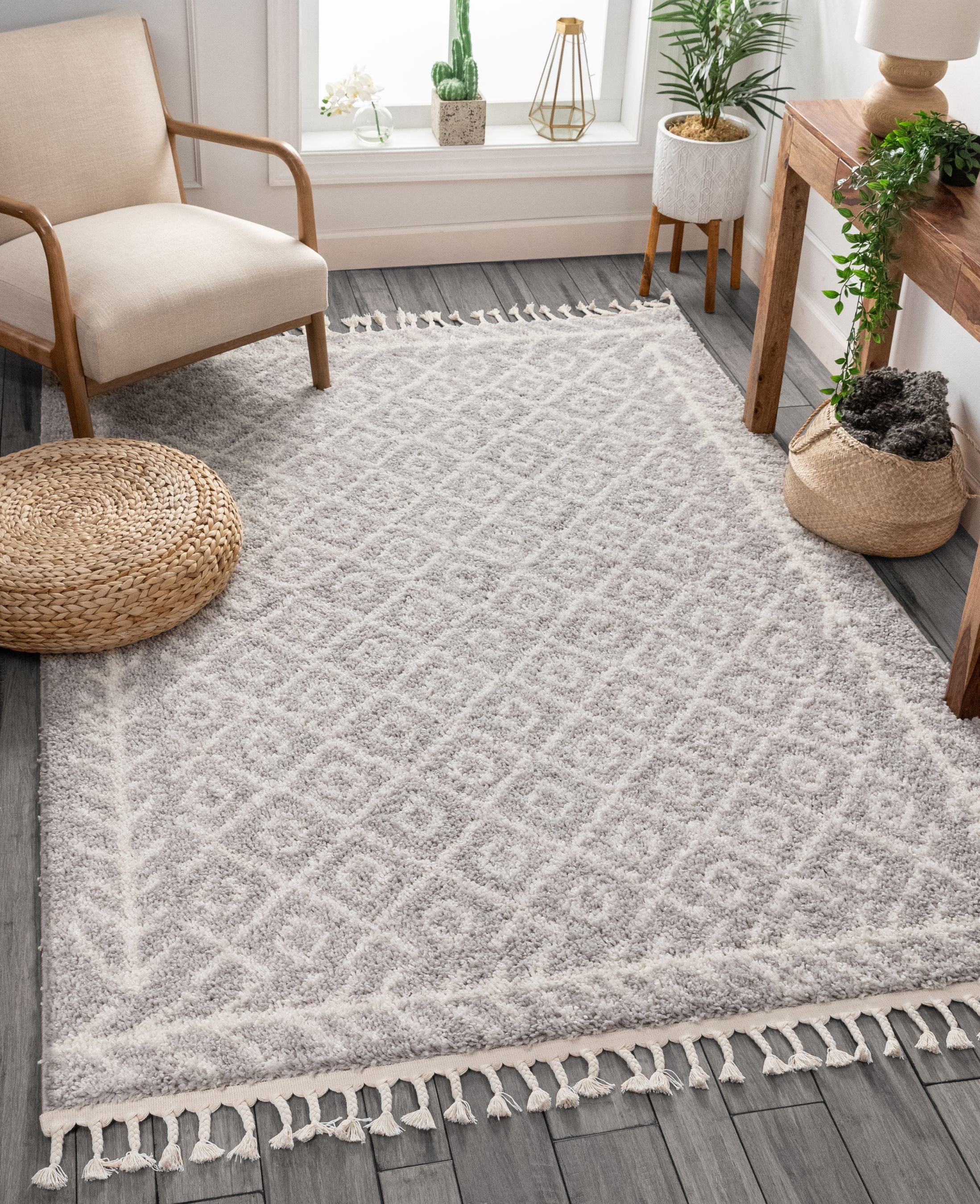 Agata marokkanischer geometrischer Shag-Teppich in Grau