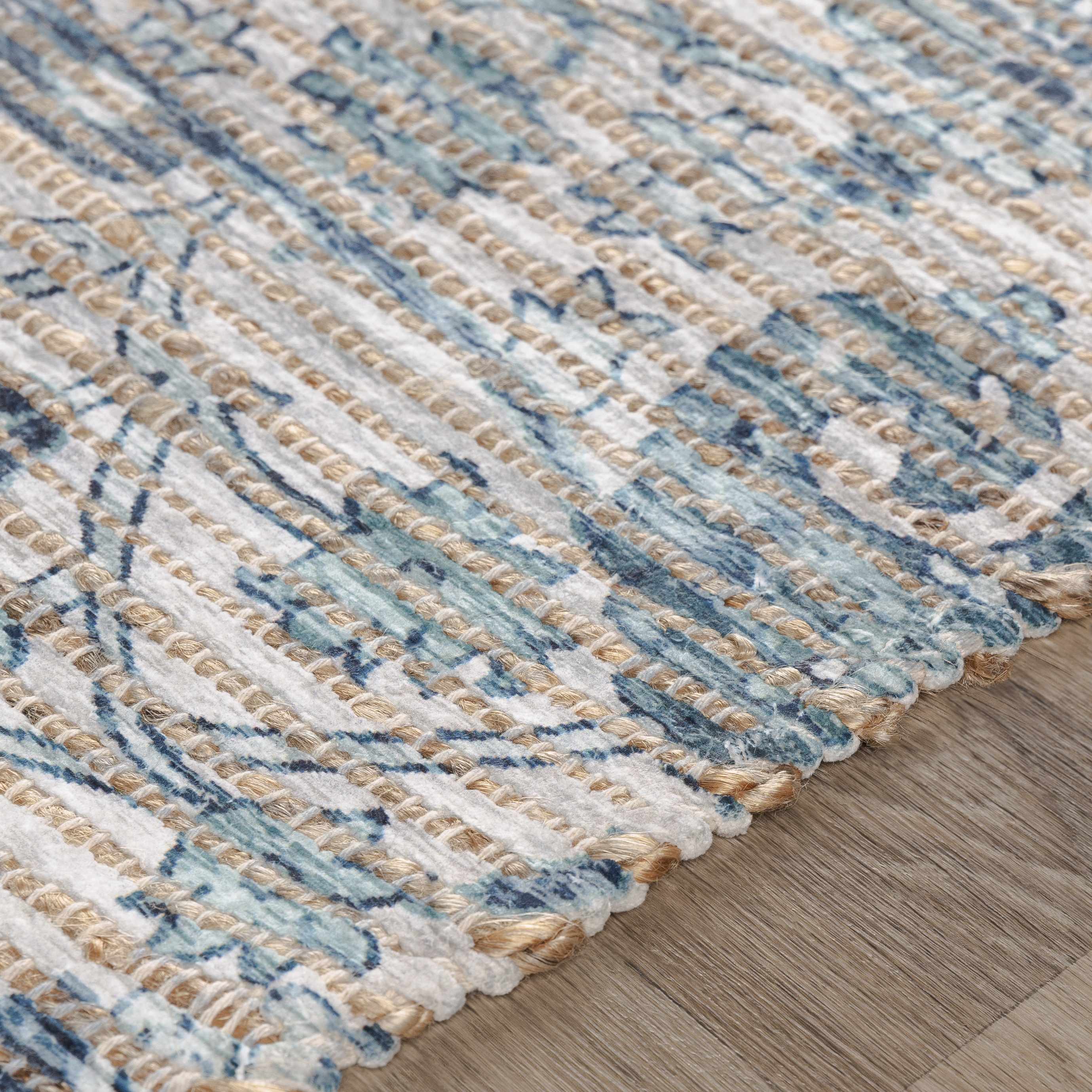 Blauer/wei&szlig;er Skiatook-Teppich aus Jutemischung mit Quasten &ndash; Ausverkauf
