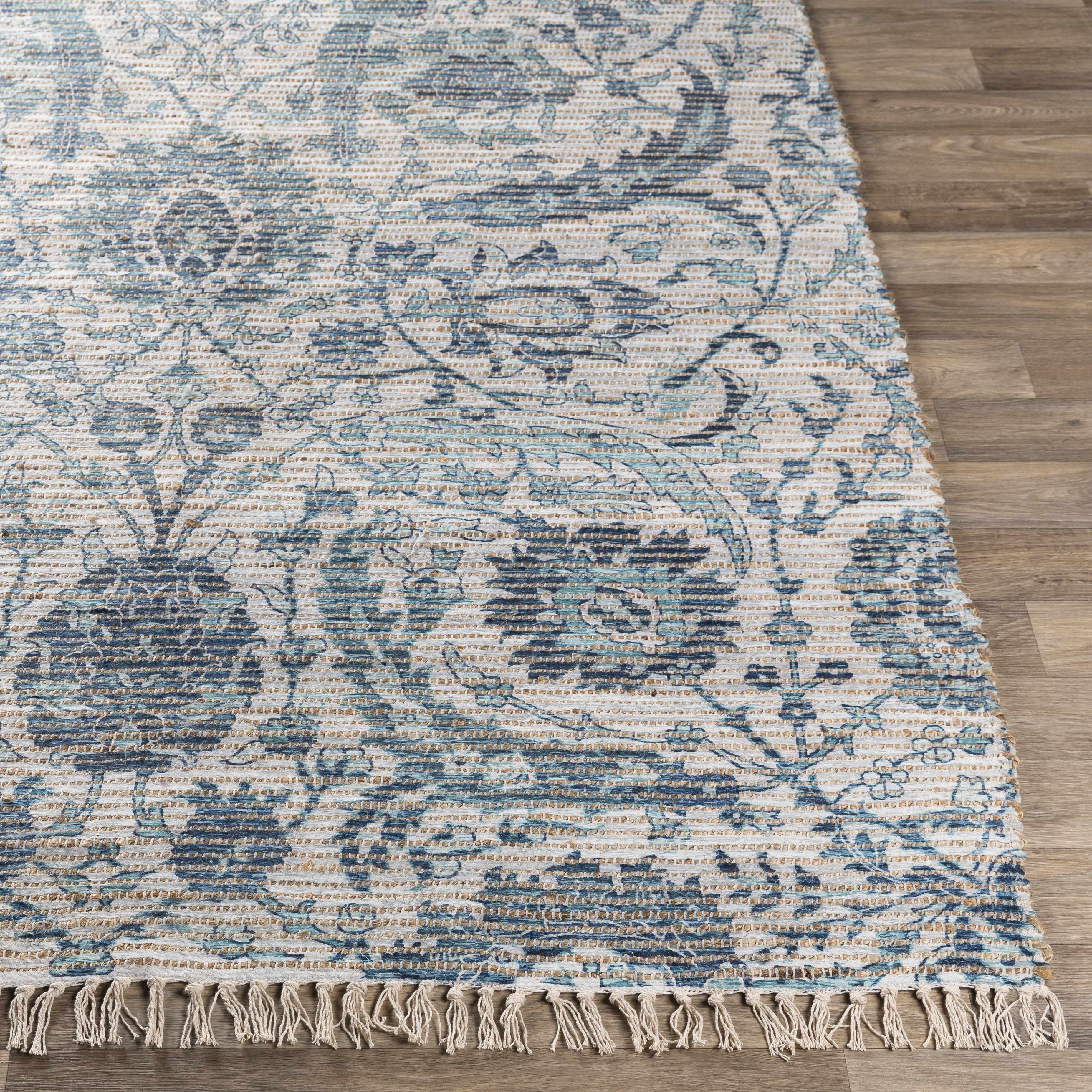 Blauer/wei&szlig;er Skiatook-Teppich aus Jutemischung mit Quasten &ndash; Ausverkauf