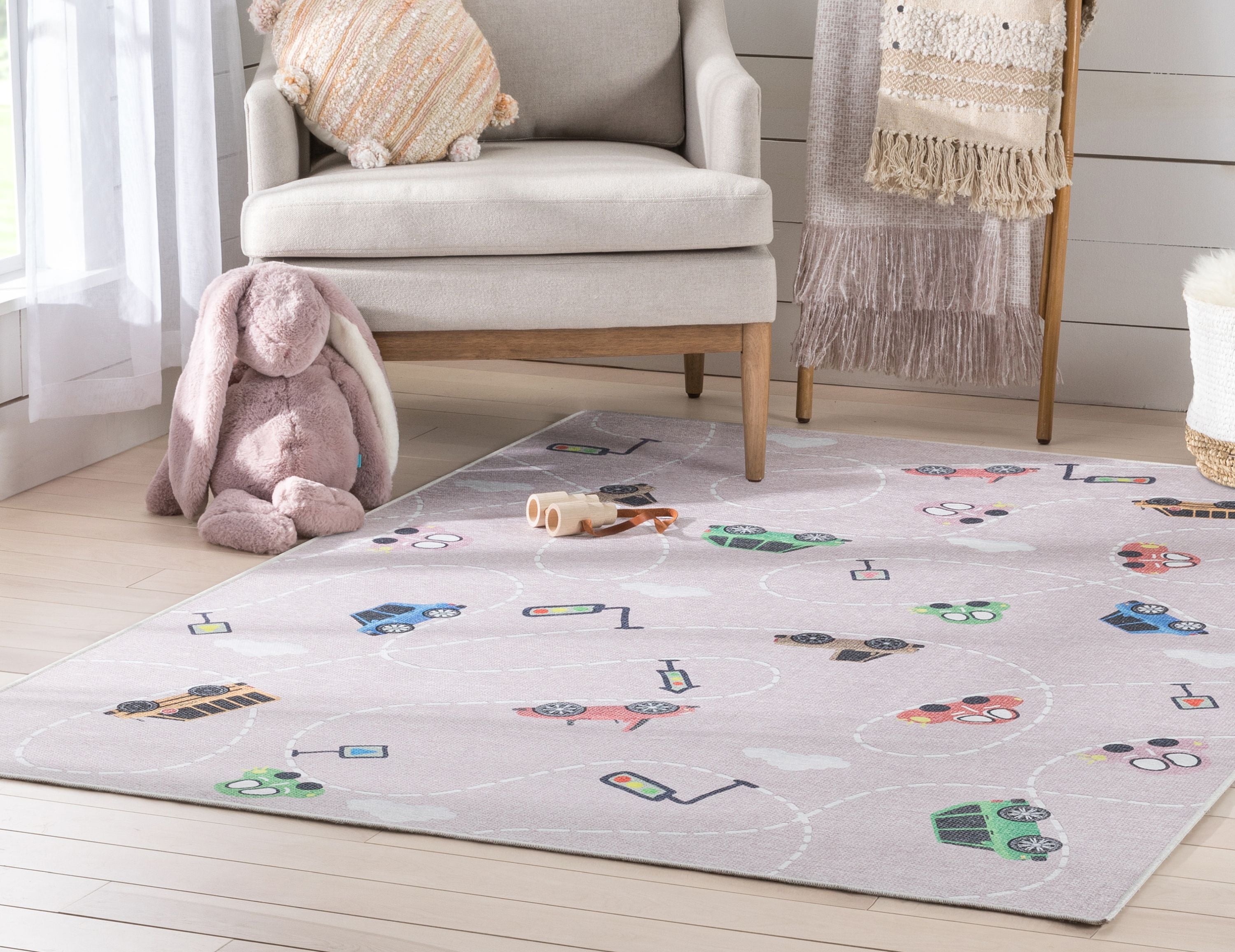 Moderner, flach gewebter Kinderteppich &bdquo;Traffic&ldquo; in Rosa