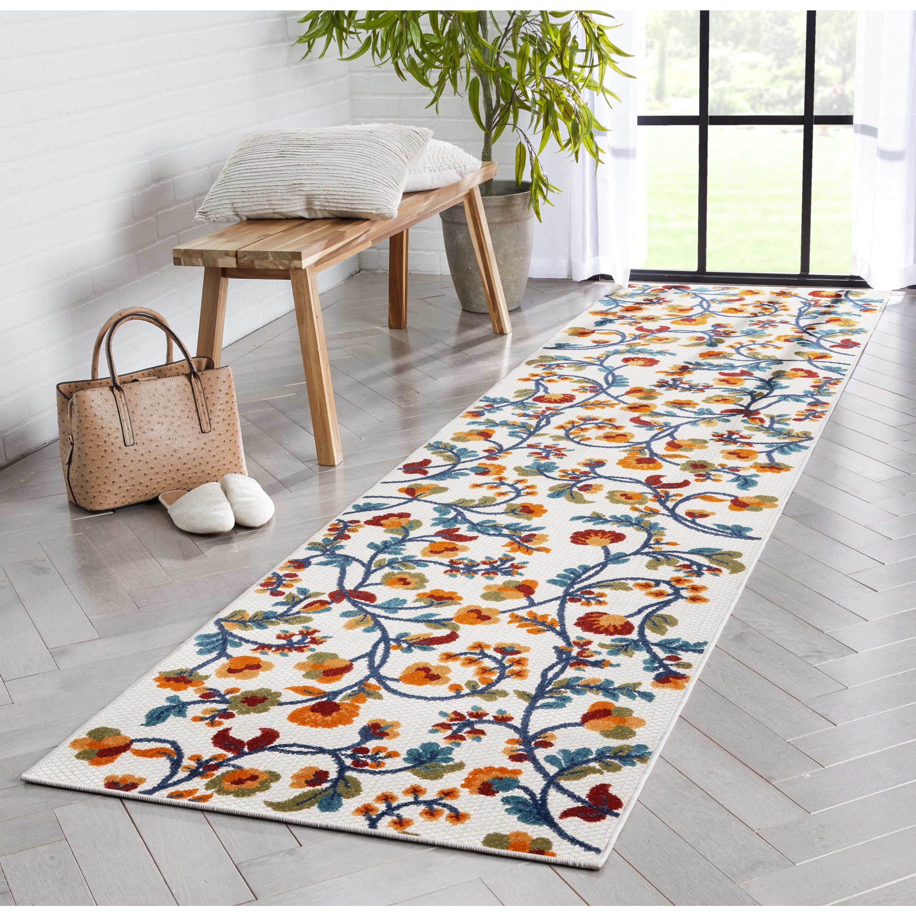 Neveh Beige Moderner Blumenteppich f&uuml;r drinnen und drau&szlig;en