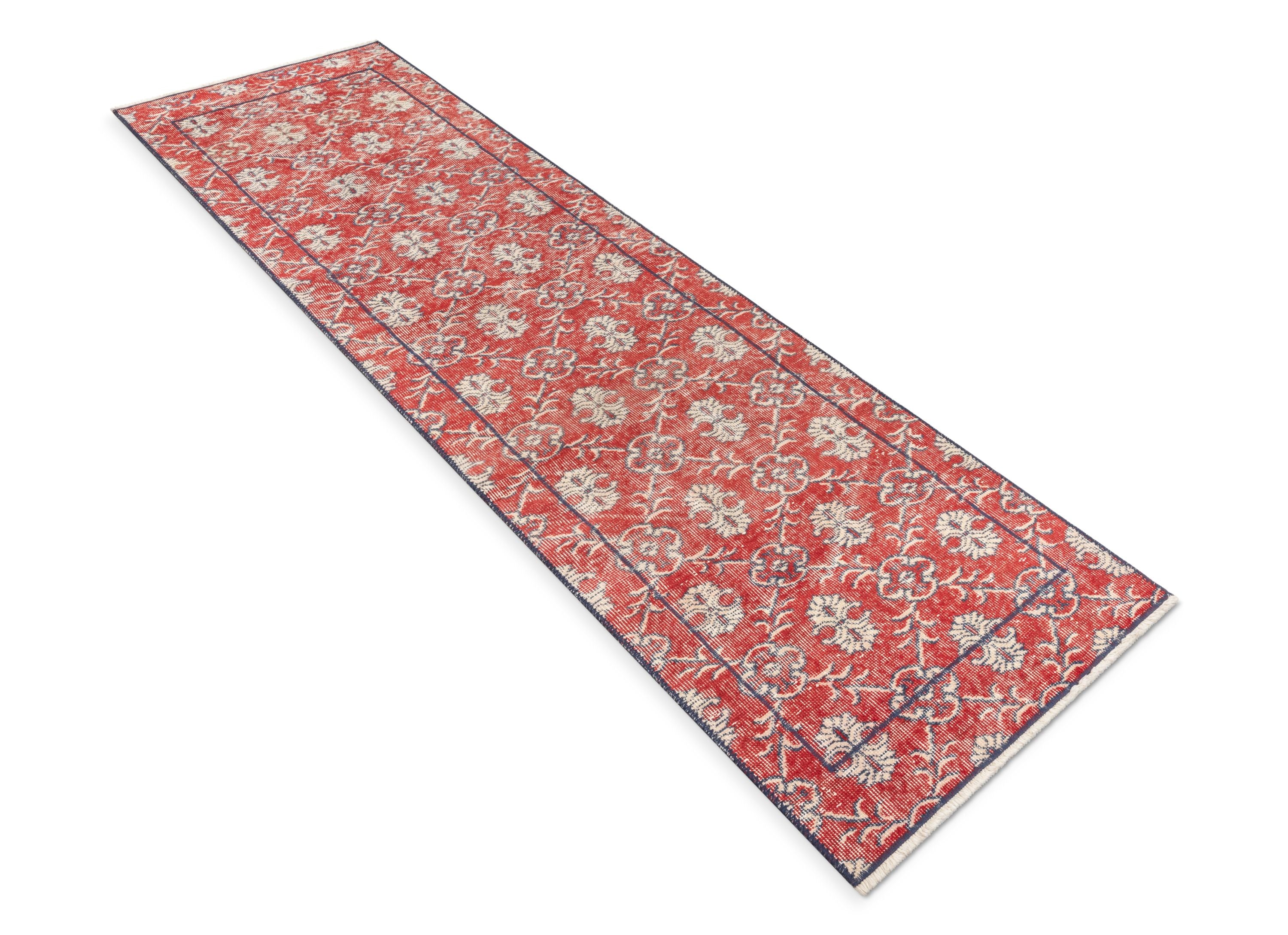 Nizzo Roter und marineblauer persischer geometrischer Gittermuster-einzigartiger handgefertigter Wollteppich, 2'7" x 8'10" L&auml;ufer