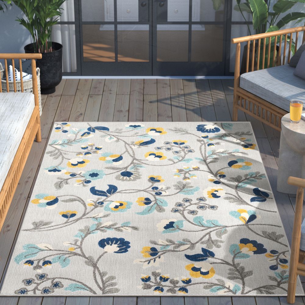 Neveh Grauer moderner Teppich mit Blumenmuster f&uuml;r drinnen und drau&szlig;en