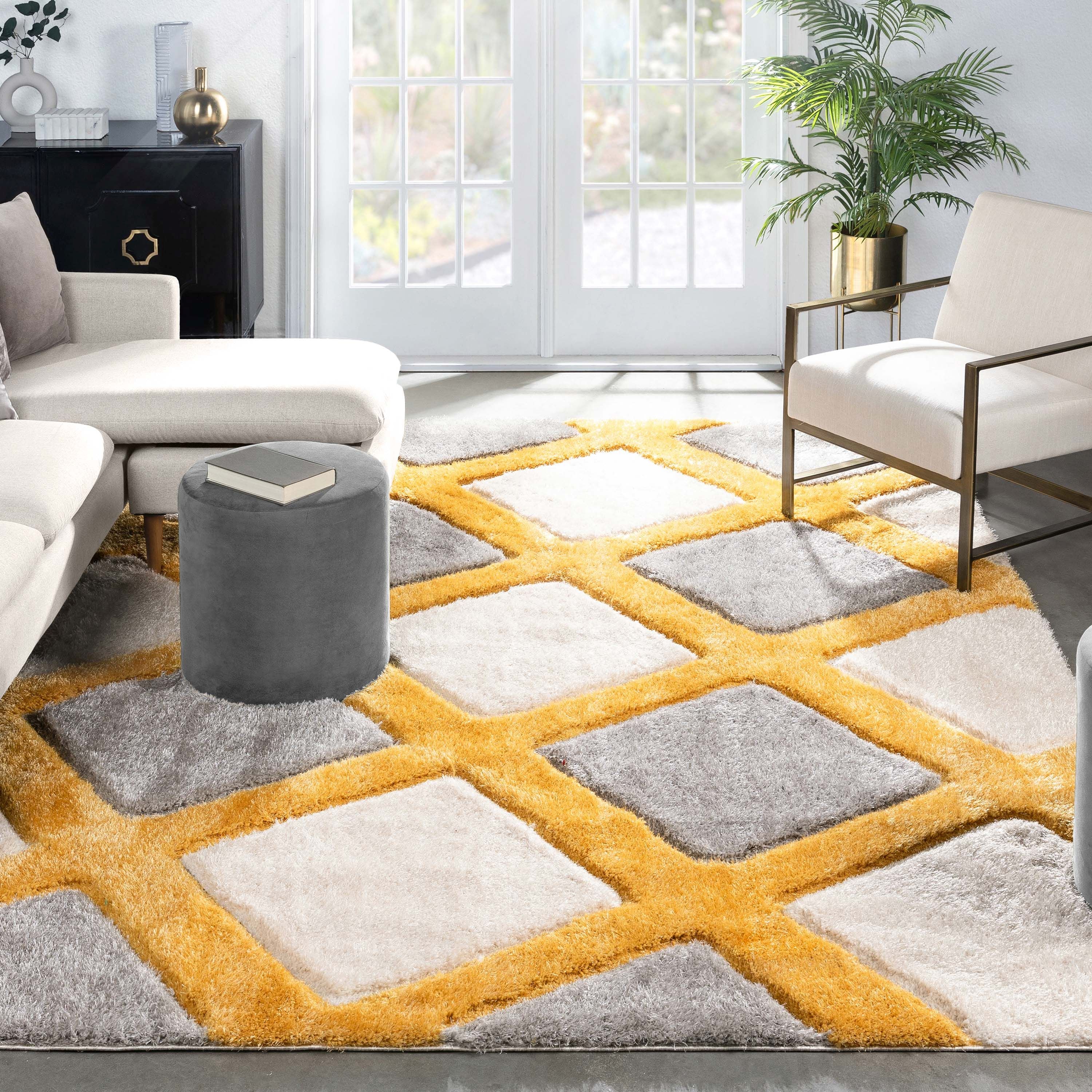 Eleganter, moderner, geometrischer 3D-strukturierter Shag-Teppich in Gelb von Chill Rugs
