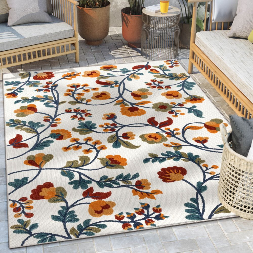 Neveh Beige Moderner Blumenteppich f&uuml;r drinnen und drau&szlig;en