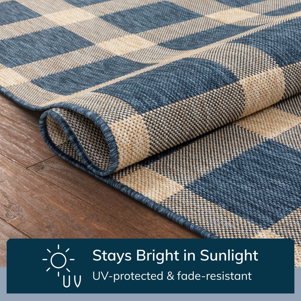 Freya Plaid Indoor Outdoor Blauer Flachgewebe-Teppich