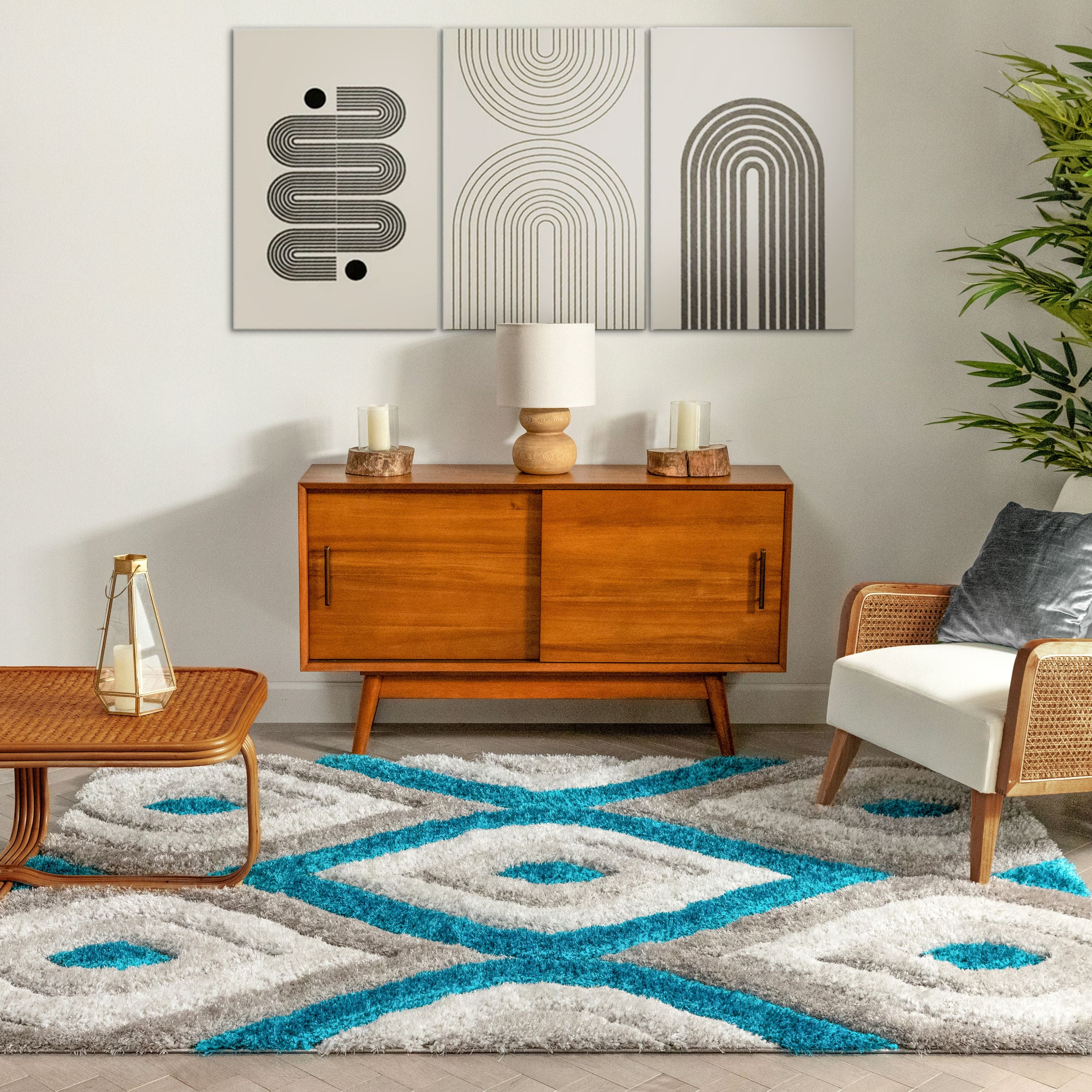 Malibu Blauer moderner 3D-strukturierter Shag-Teppich
