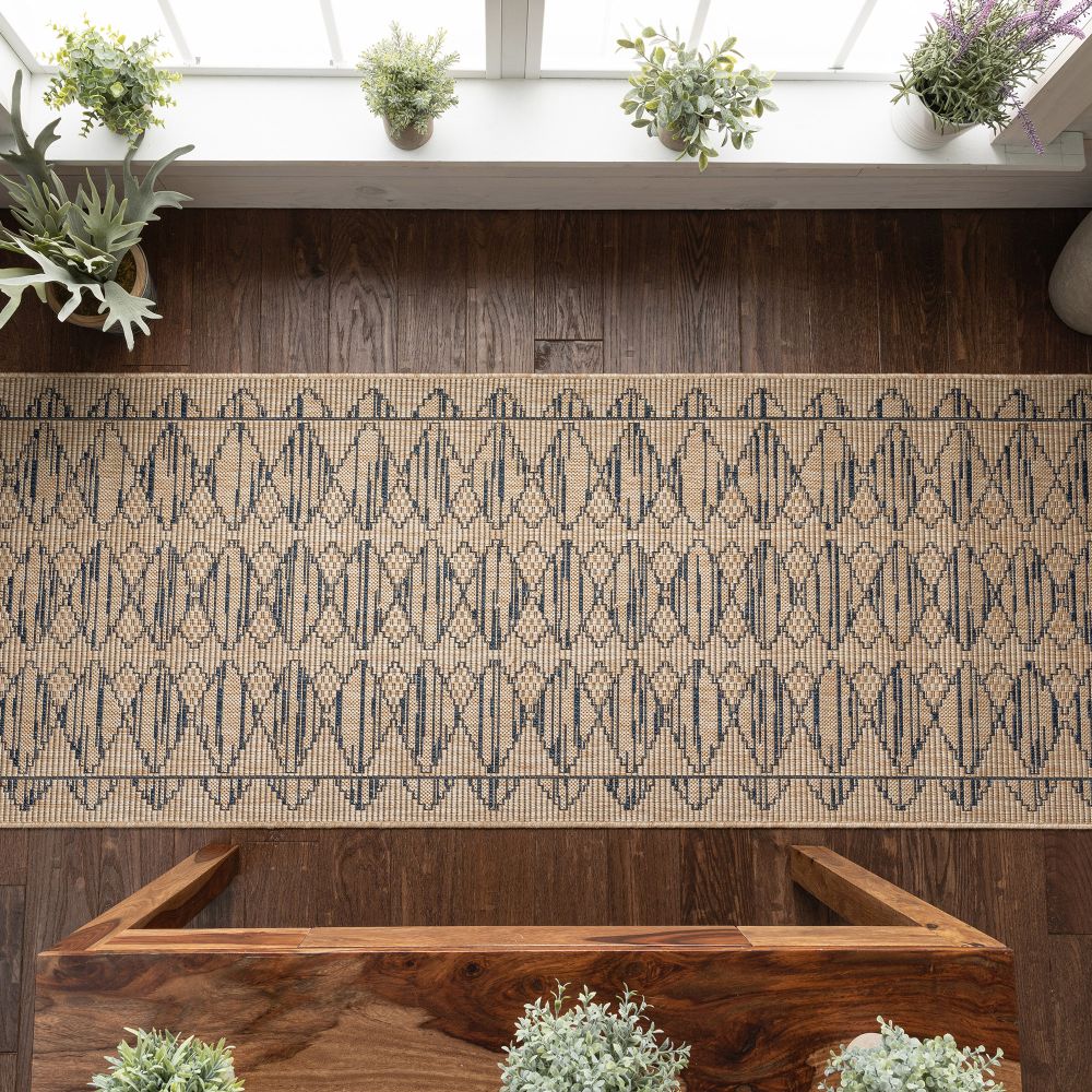 Vidar Trellis Diamond Pattern Indoor Outdoor Blau Beige Flachgewebe-Teppich