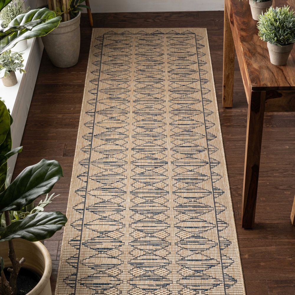 Vidar Trellis Diamond Pattern Indoor Outdoor Blau Beige Flachgewebe-Teppich