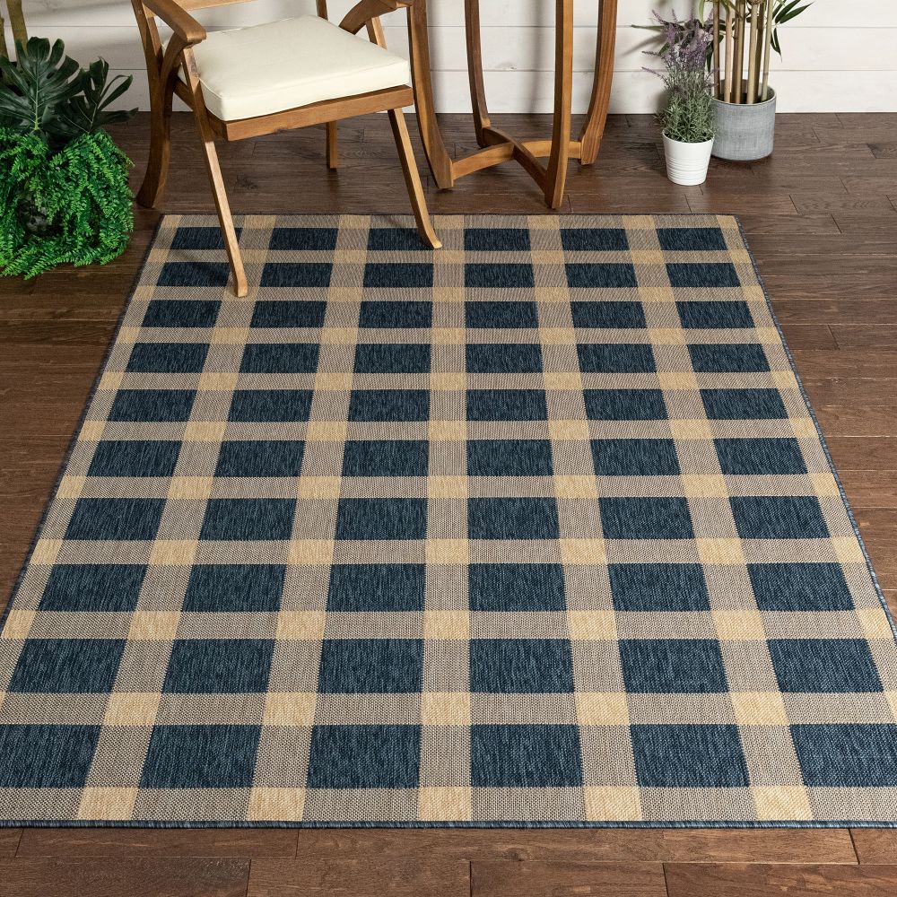 Freya Plaid Indoor Outdoor Blauer Flachgewebe-Teppich