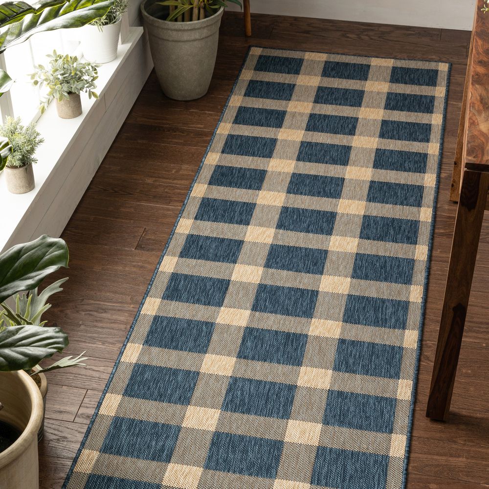 Freya Plaid Indoor Outdoor Blauer Flachgewebe-Teppich