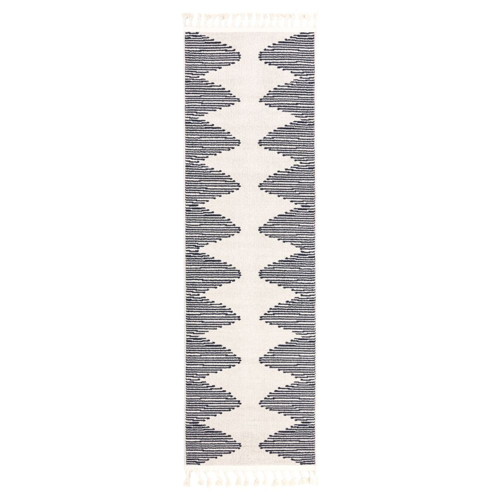 Aztekischer, geometrischer Kelim-Teppich mit Rei&szlig;verschluss in Elfenbein und Marineblau
