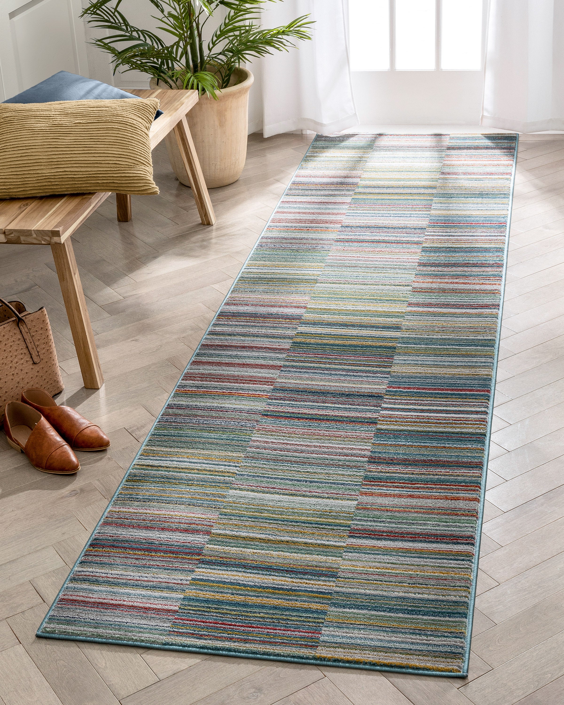 Nampa Tribal Stripes Geometrisches Muster Gr&uuml;n Blau Distressed Teppich