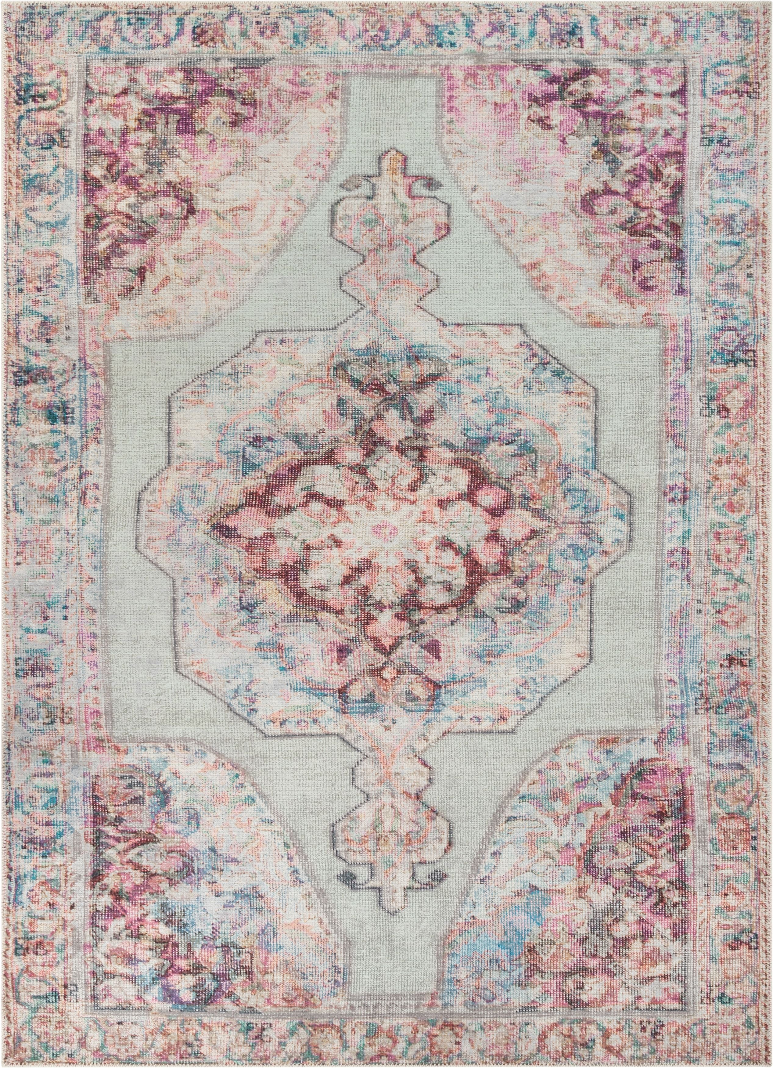 Ramon Maschinenwaschbarer Vintage-Teppich im persischen Botanik-Stil in Rosa und Pastellgr&uuml;n mit flachem Webmuster im Used-Look