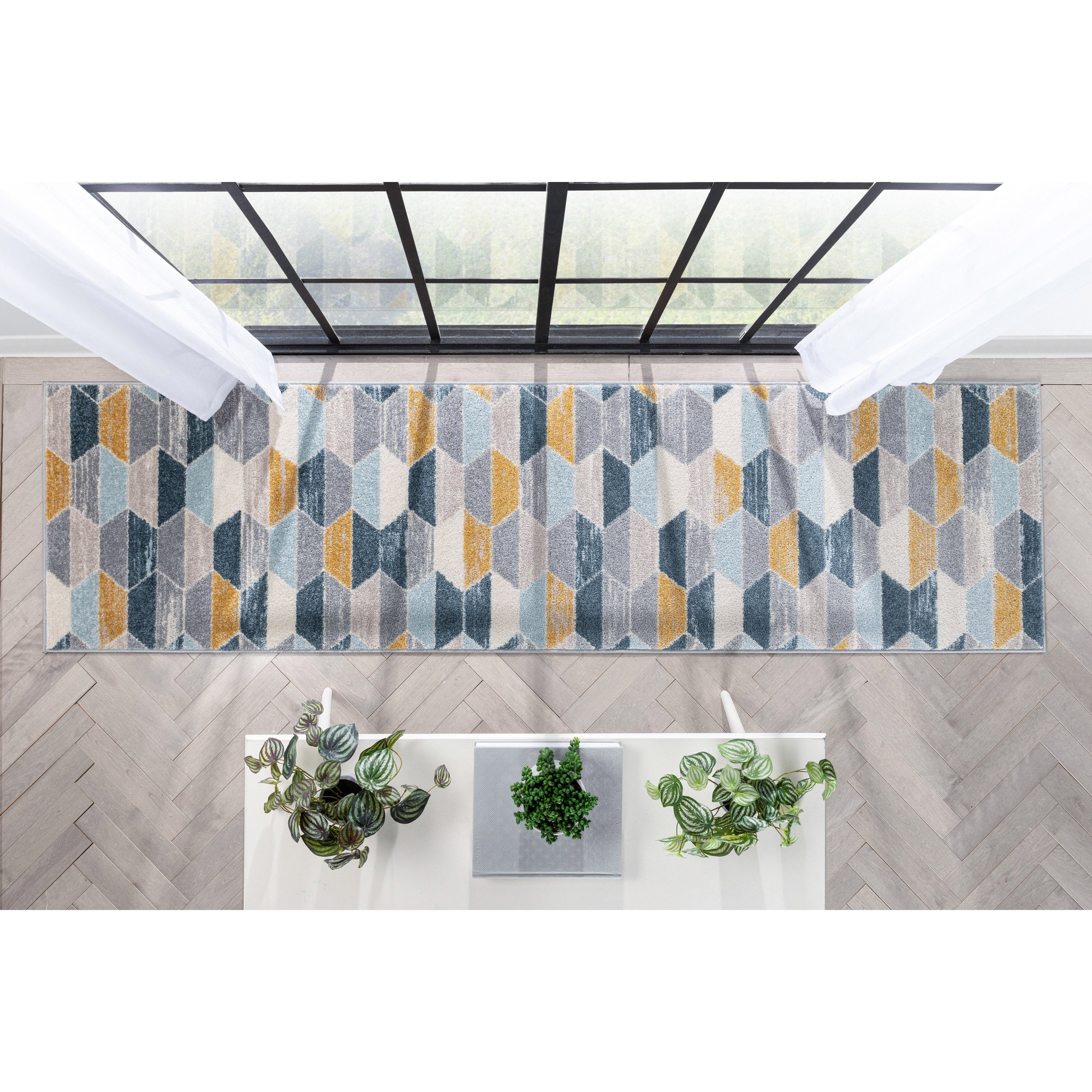 Moderner geometrischer Maddox-Teppich in Blau