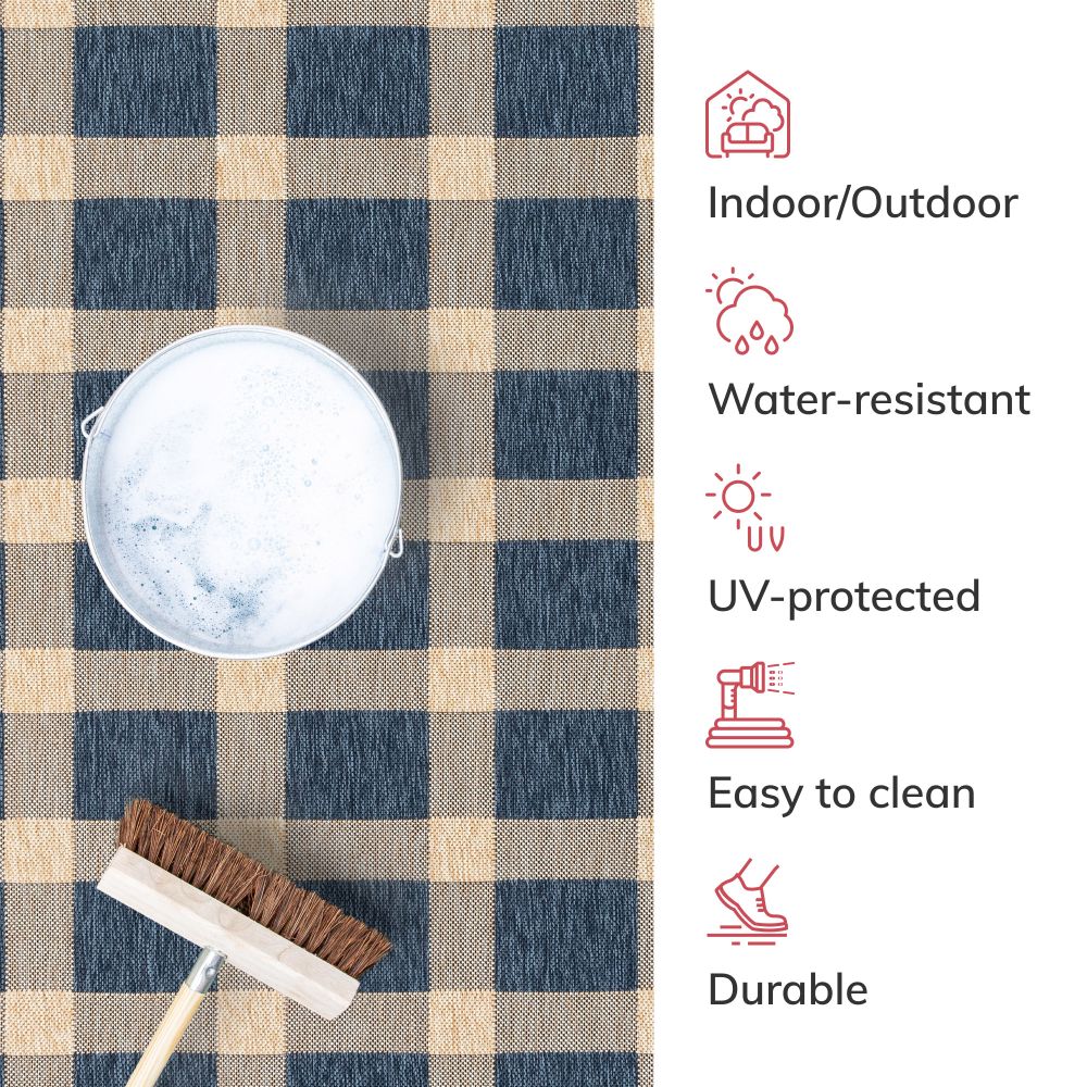 Freya Plaid Indoor Outdoor Blauer Flachgewebe-Teppich