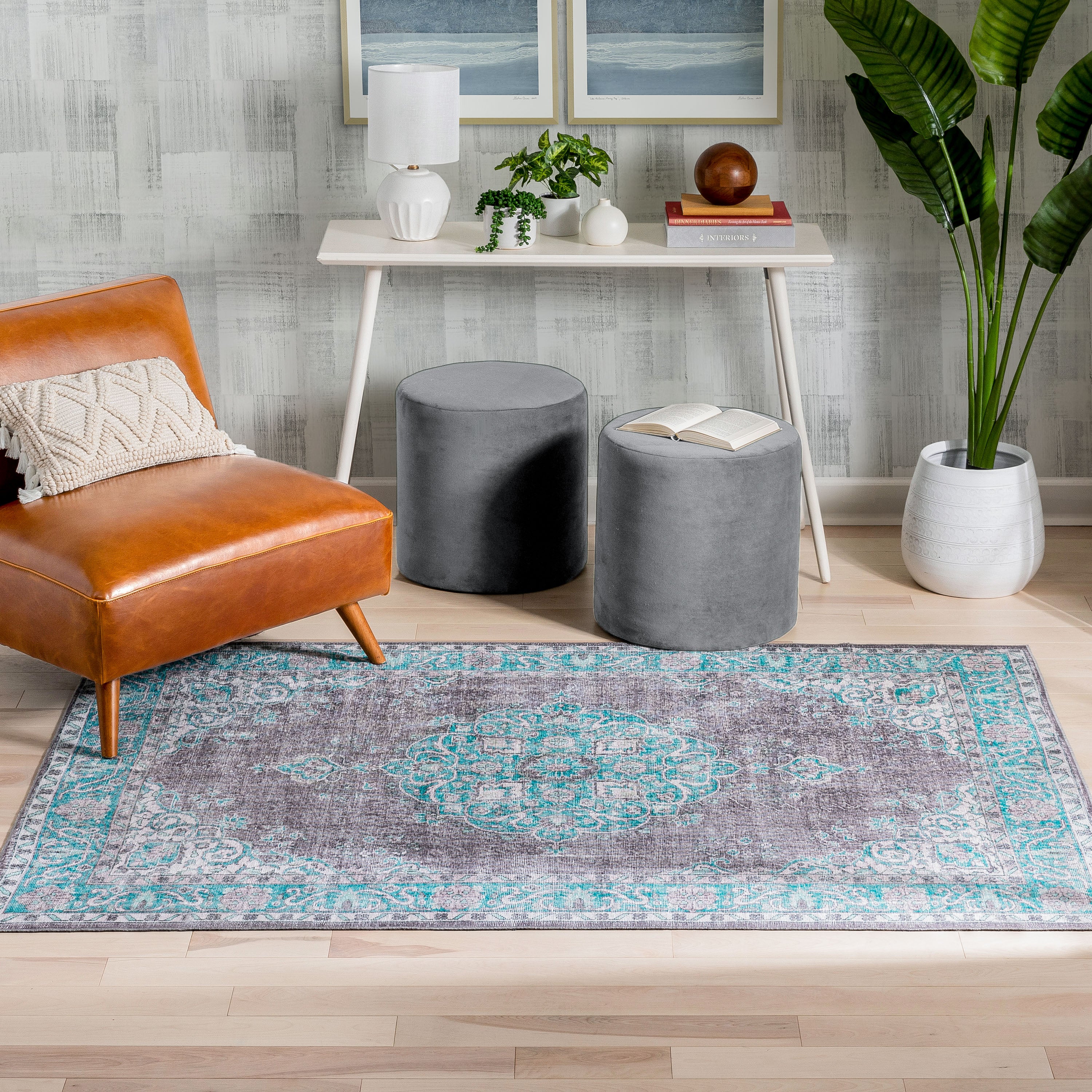 Tarifa Vintage B&ouml;hmischer Medaillon-Teppich in Hellblau, maschinenwaschbar von Chill Rugs
